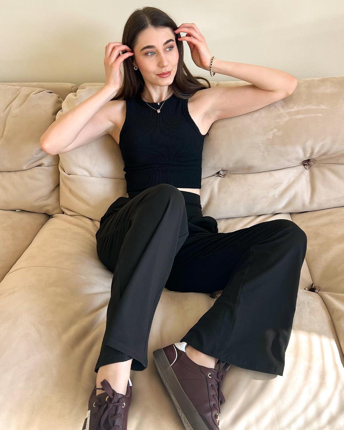 imageStelle 28 Wide Leg Yoga Pants Womens High Waisted Cozy Sweatpants Flowy Sports Athletic Lounge Pants with PocketsBlack