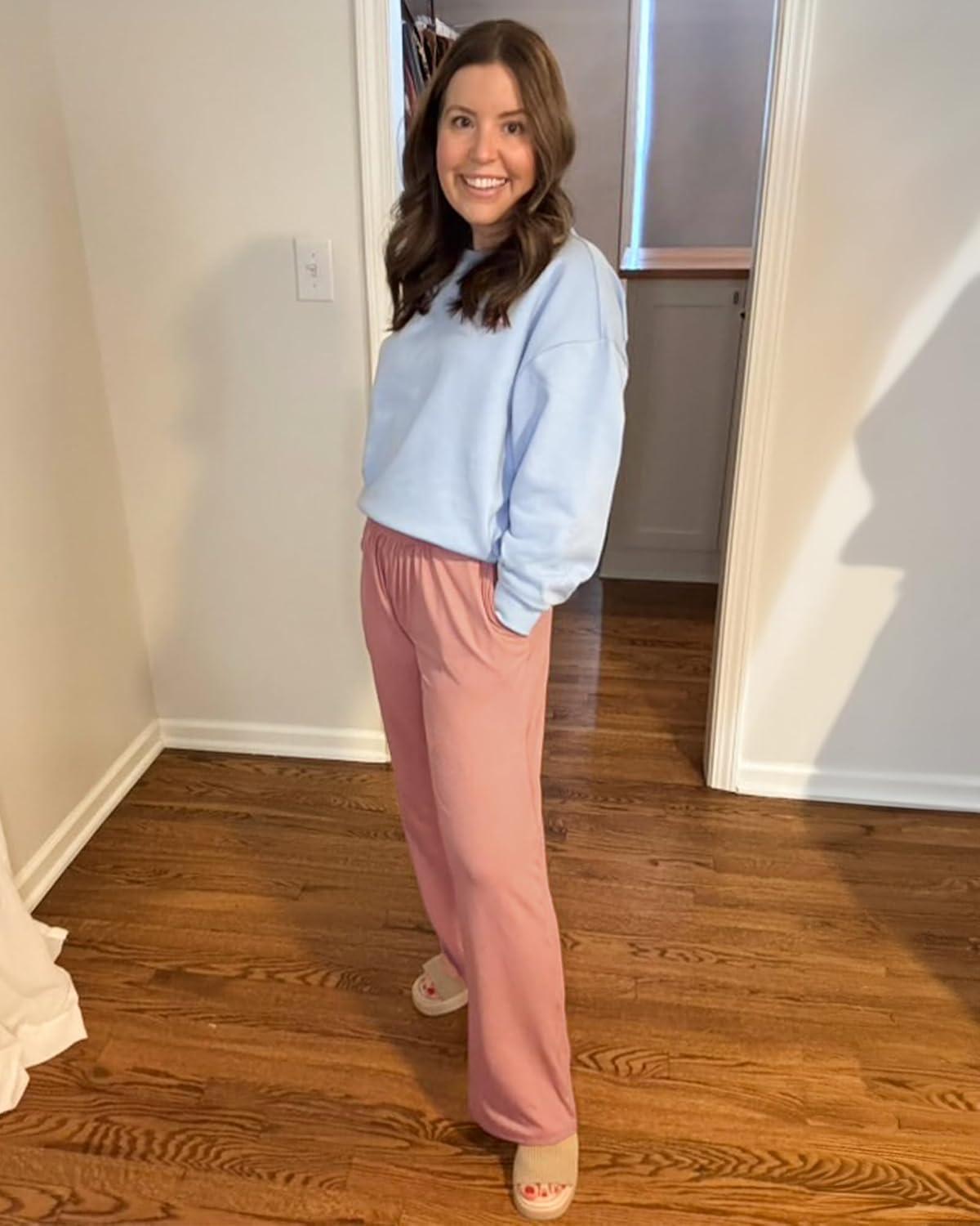 imageStelle 28 Wide Leg Yoga Pants Womens High Waisted Cozy Sweatpants Flowy Sports Athletic Lounge Pants with PocketsDusty Pink