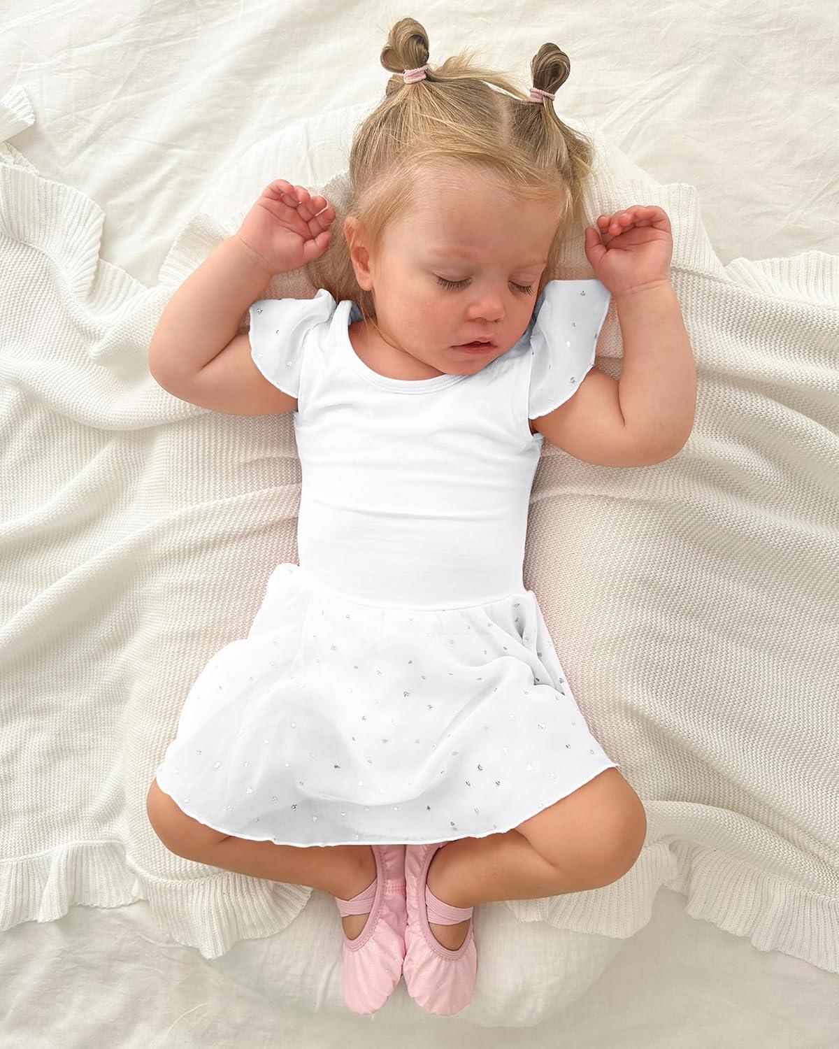 imageStelle Ballet Leotards for Girls Dance Leotard with Skirt Toddler Pink Ballet Outfit Ruffle Sleeve Kids Dance Dress1whiteshiny Skirt