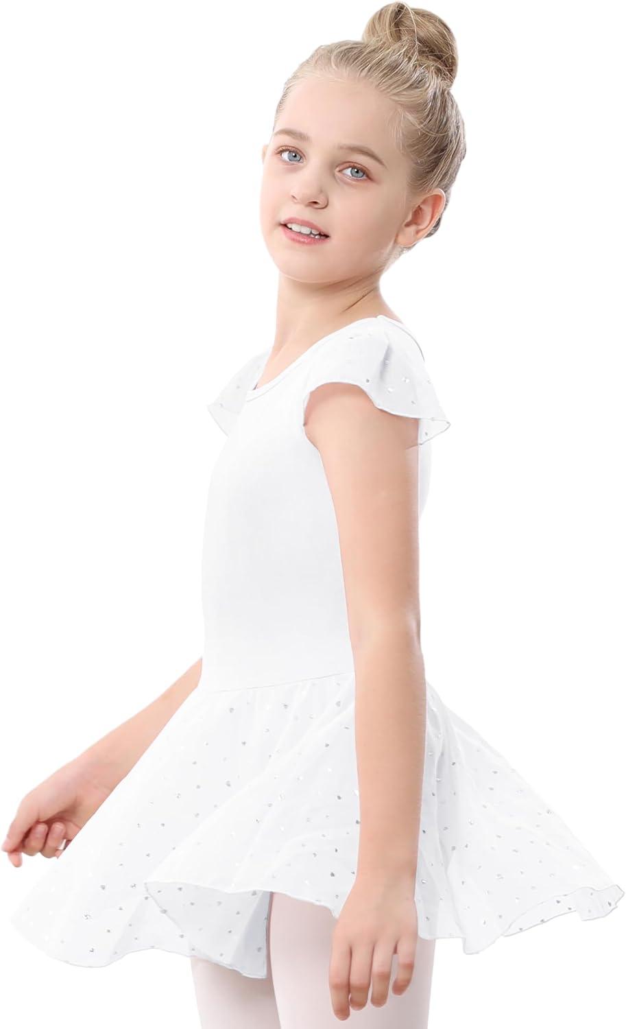 imageStelle Ballet Leotards for Girls Dance Leotard with Skirt Toddler Pink Ballet Outfit Ruffle Sleeve Kids Dance Dress1whiteshiny Skirt