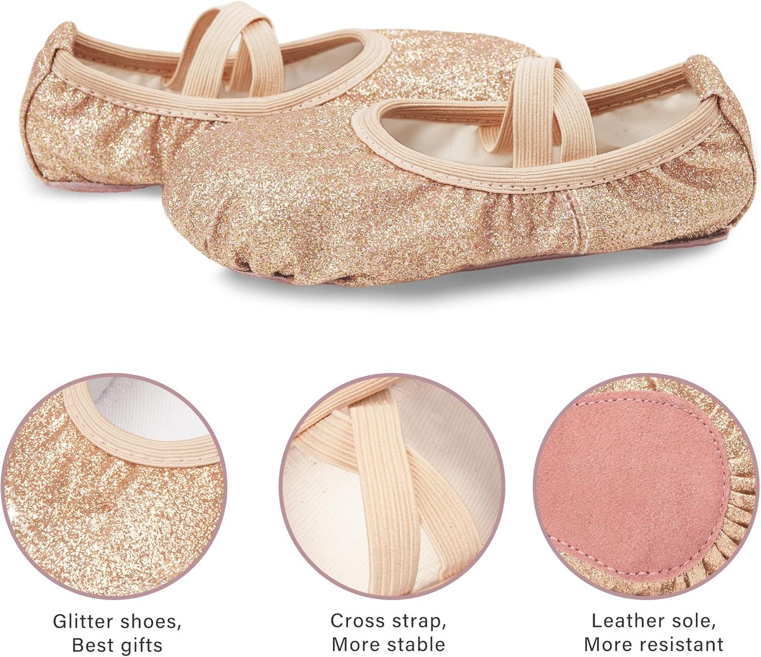imageStelle Ballet Shoes for Girls Glitter Metallic Faux Leather Ballet Slippers Dance Shoes for ToddlerLittleBig KidsGold Glitter
