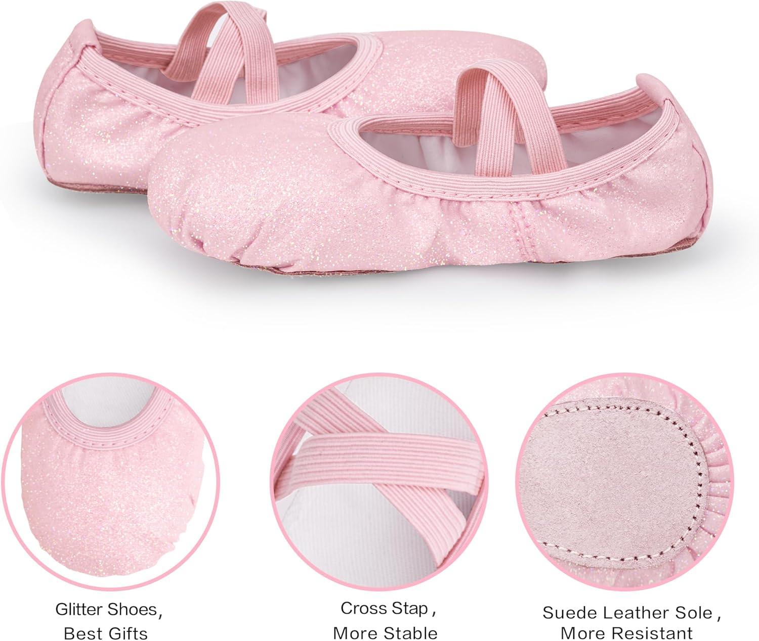 imageStelle Ballet Shoes for Girls Glitter Metallic Faux Leather Ballet Slippers Dance Shoes for ToddlerLittleBig KidsPink Glitter
