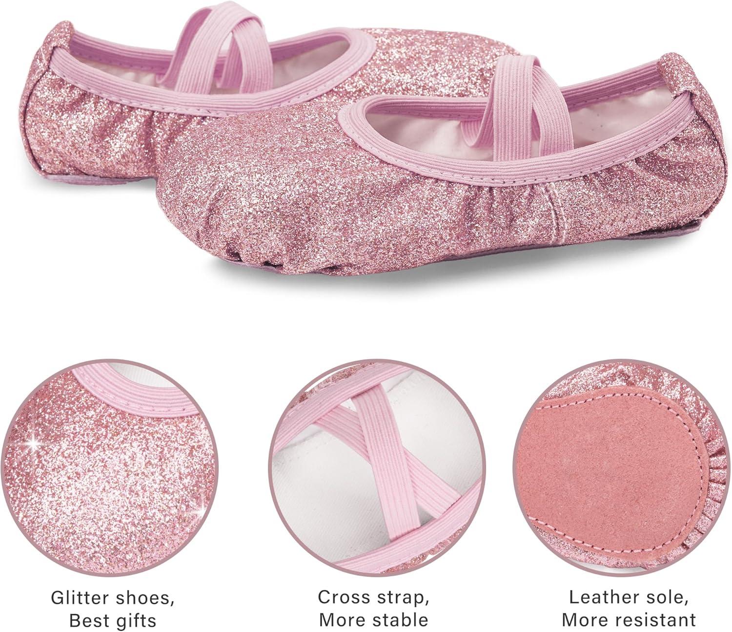 imageStelle Ballet Shoes for Girls Glitter Metallic Faux Leather Ballet Slippers Dance Shoes for ToddlerLittleBig KidsRose Glitter