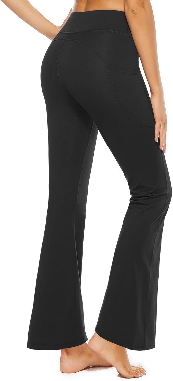 imageStelle Bootcut Yoga Pants with Pockets for Women 30quot Wide Leg Pants High Waist Tummy Control Workout Yoga PantsBrushed Buttery Softblack