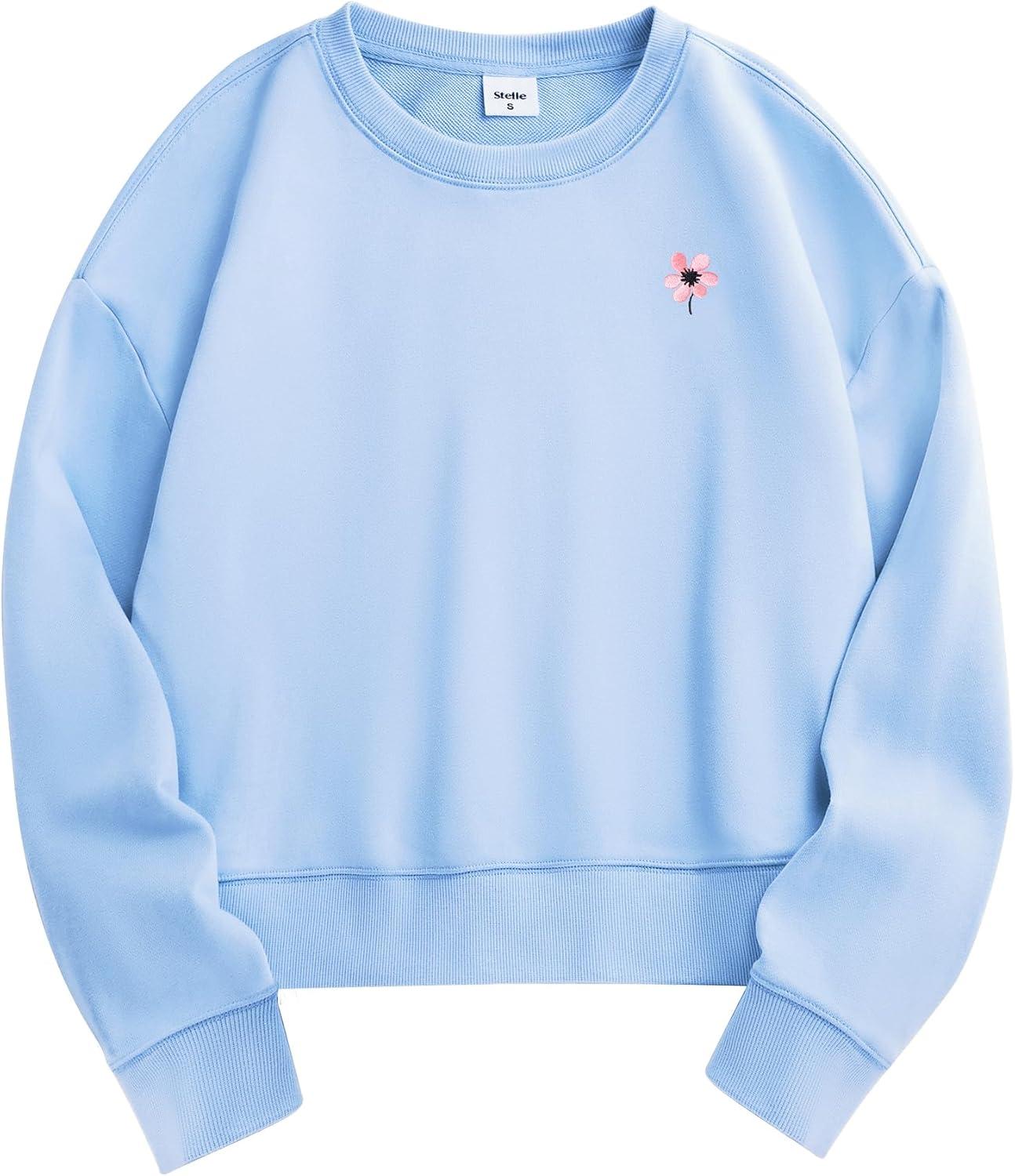 imageStelle Cropped Sweatshirt for Women Crewneck Pullover Tops Oversized Long Sleeve Lightweight Casual Cotton Sweat ShirtsBaby Blue