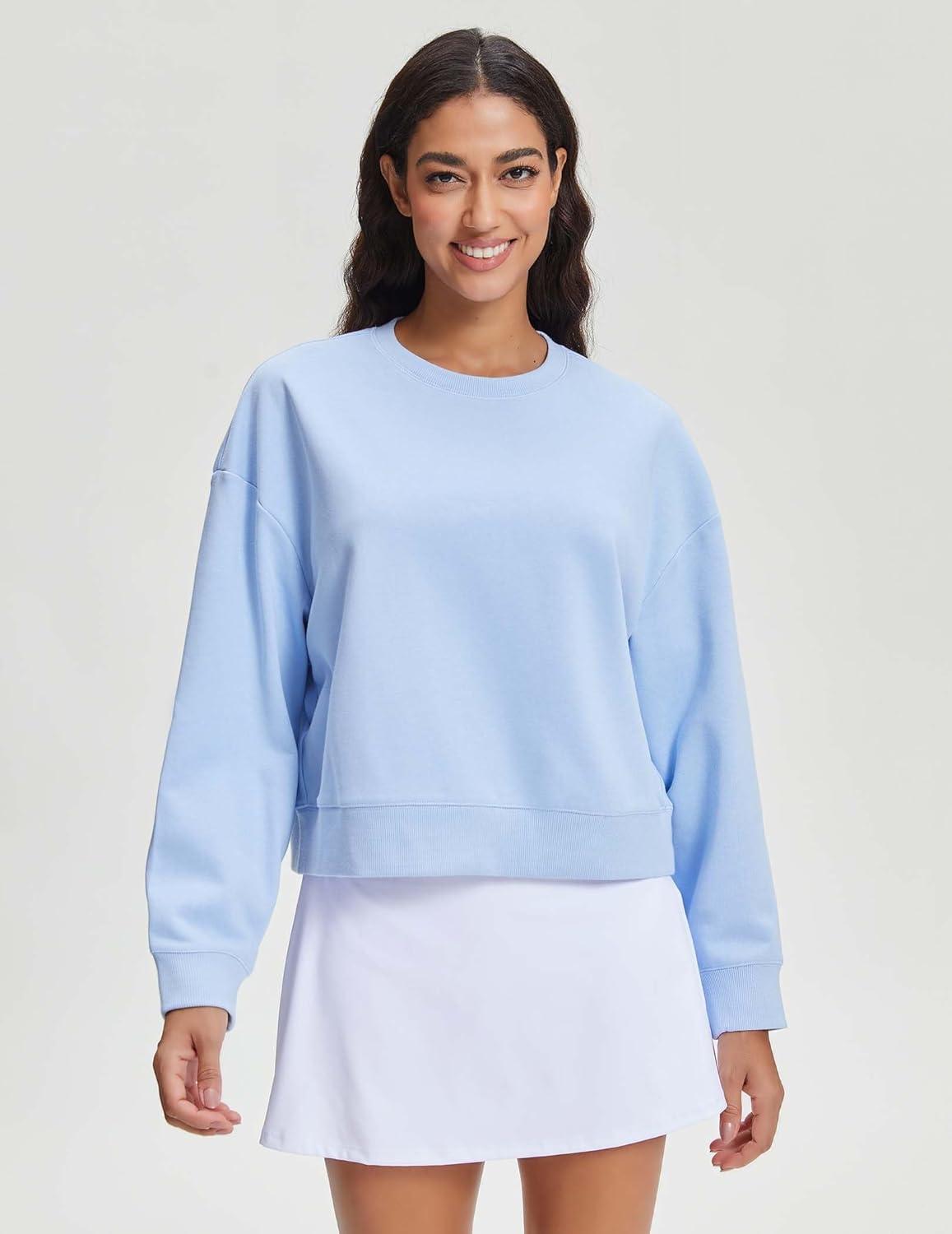 imageStelle Cropped Sweatshirts for Women Cotton Long Sleeve Crop Tops Crewneck Pullover Oversized SweaterBaby Blue