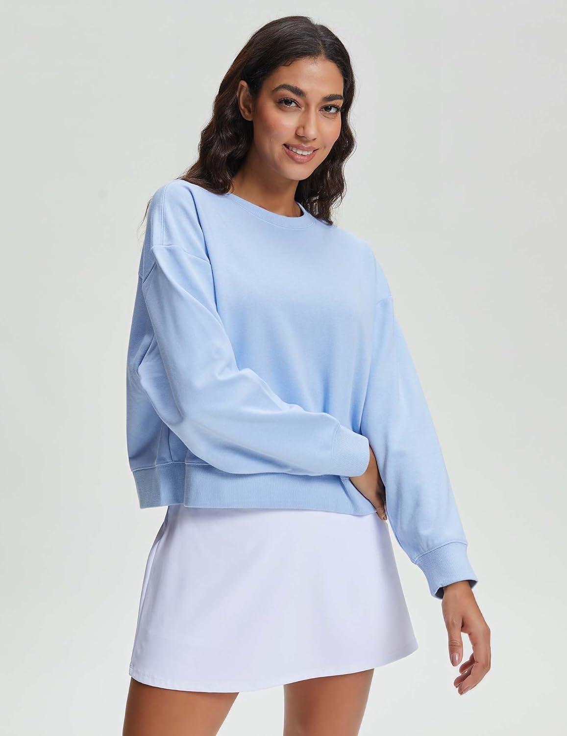 imageStelle Cropped Sweatshirts for Women Cotton Long Sleeve Crop Tops Crewneck Pullover Oversized SweaterBaby Blue