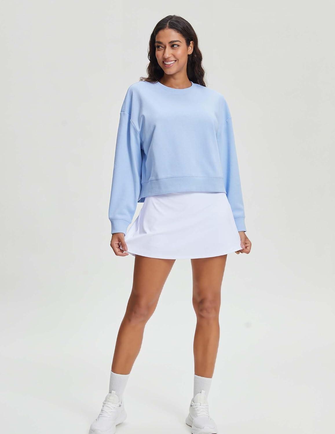 imageStelle Cropped Sweatshirts for Women Cotton Long Sleeve Crop Tops Crewneck Pullover Oversized SweaterBaby Blue