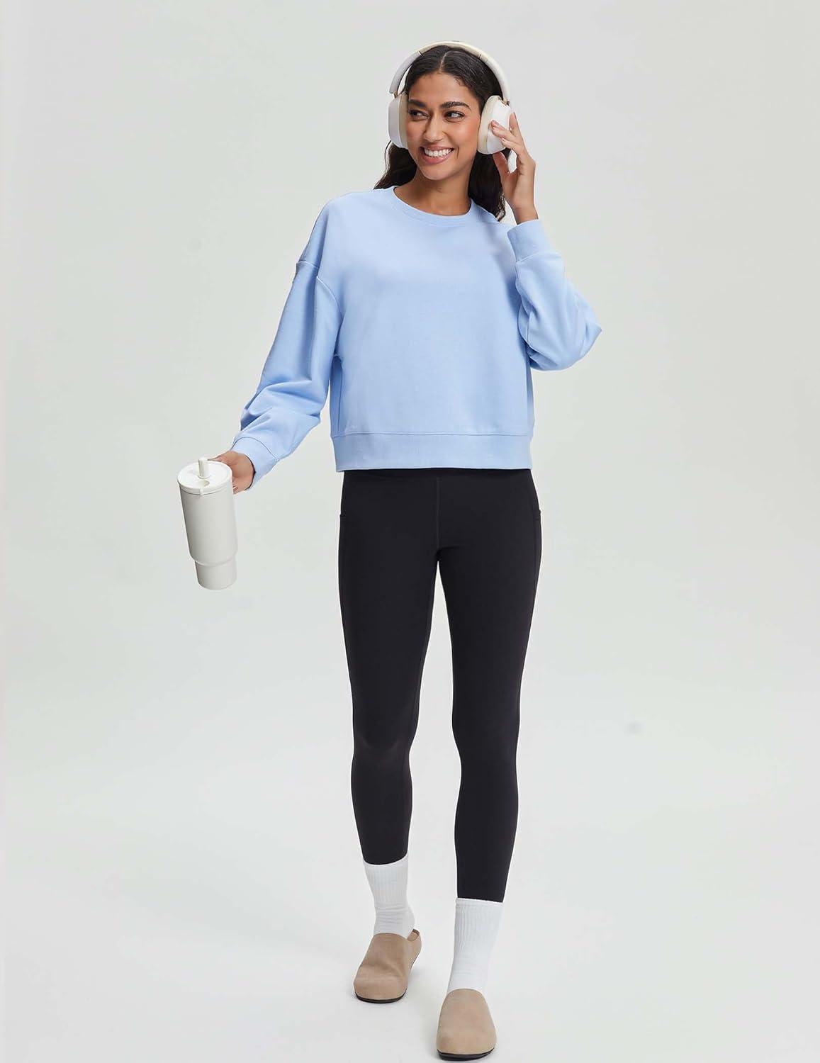 imageStelle Cropped Sweatshirts for Women Cotton Long Sleeve Crop Tops Crewneck Pullover Oversized SweaterBaby Blue