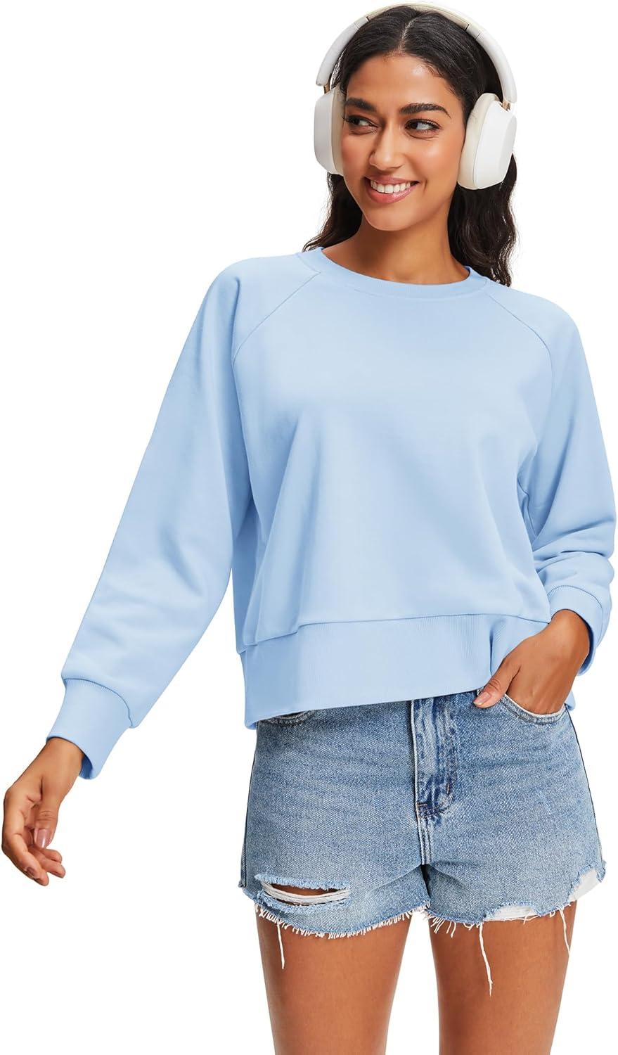 imageStelle Cropped Sweatshirts for Women Cotton Raglan Sleeve Crop Tops Crewneck Pullover Sweat ShirtsBaby Blue