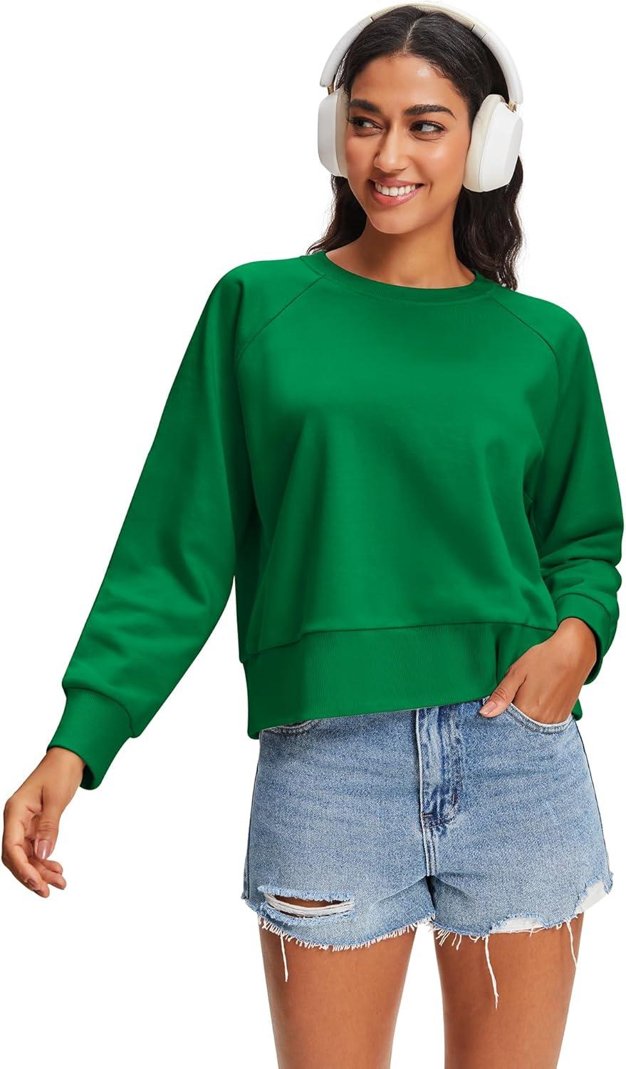 imageStelle Cropped Sweatshirts for Women Cotton Raglan Sleeve Crop Tops Crewneck Pullover Sweat ShirtsKelly Green