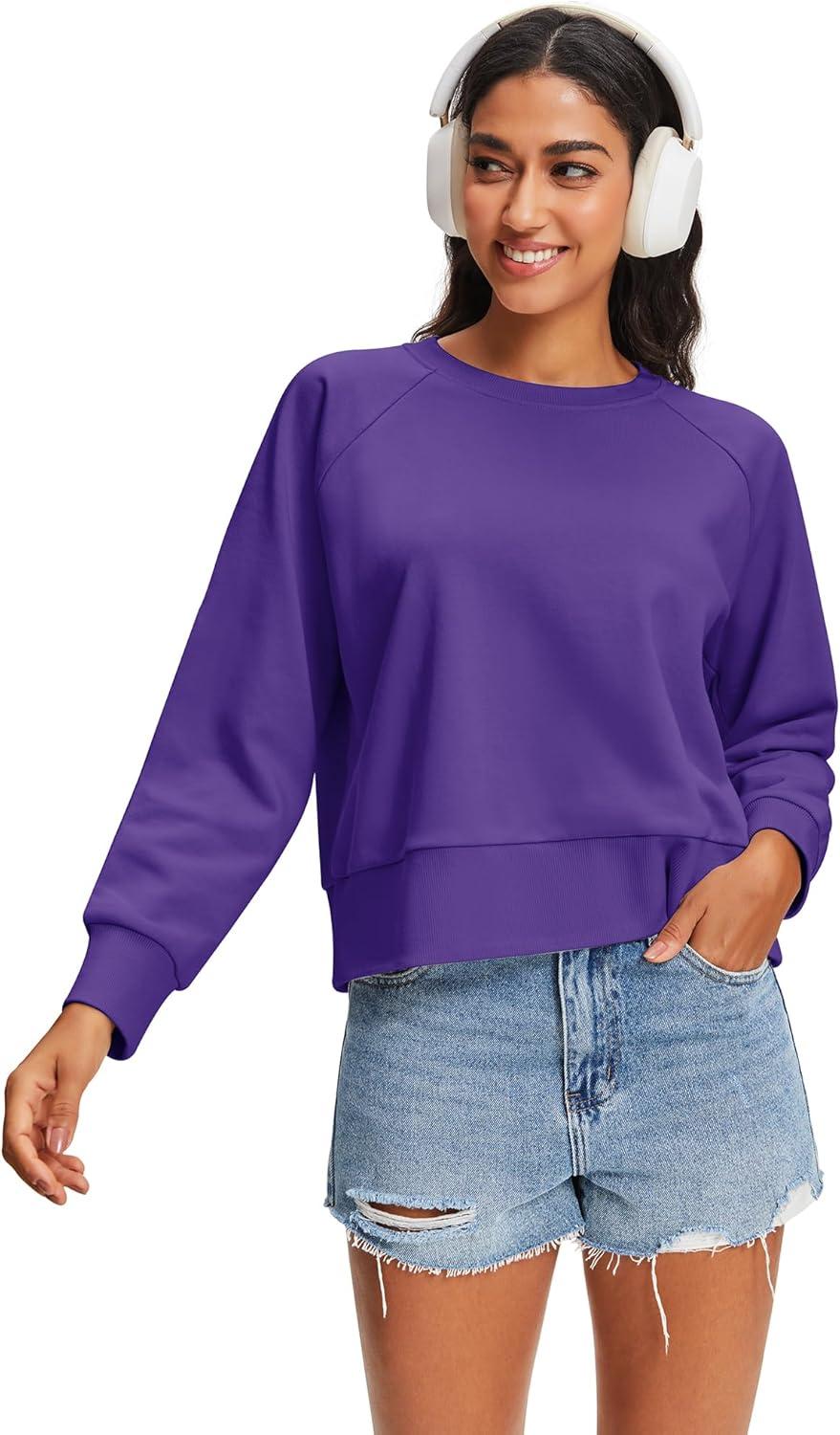 imageStelle Cropped Sweatshirts for Women Cotton Raglan Sleeve Crop Tops Crewneck Pullover Sweat ShirtsPurple