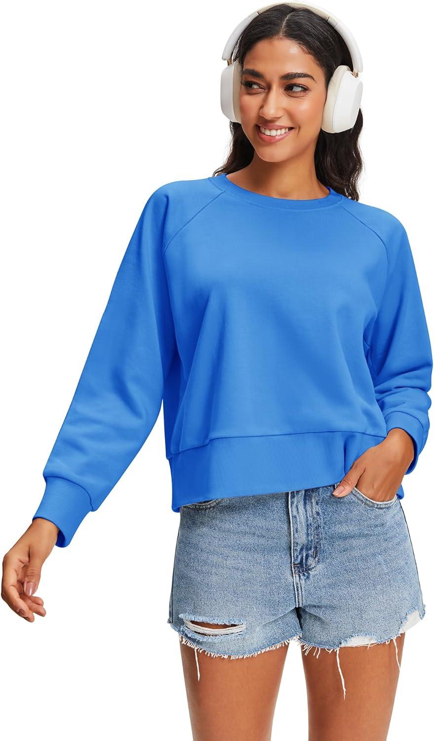 imageStelle Cropped Sweatshirts for Women Cotton Raglan Sleeve Crop Tops Crewneck Pullover Sweat ShirtsVibrant Blue