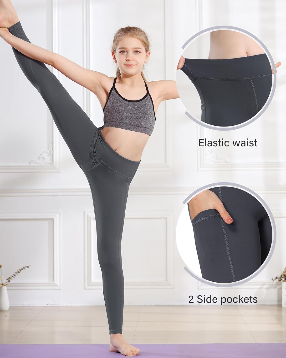 imageStelle Girls Athletic Leggings Kids Dance Running Yoga Pants Workout Active Dance Tights with PocketsCharcoal 2 Side Pocket