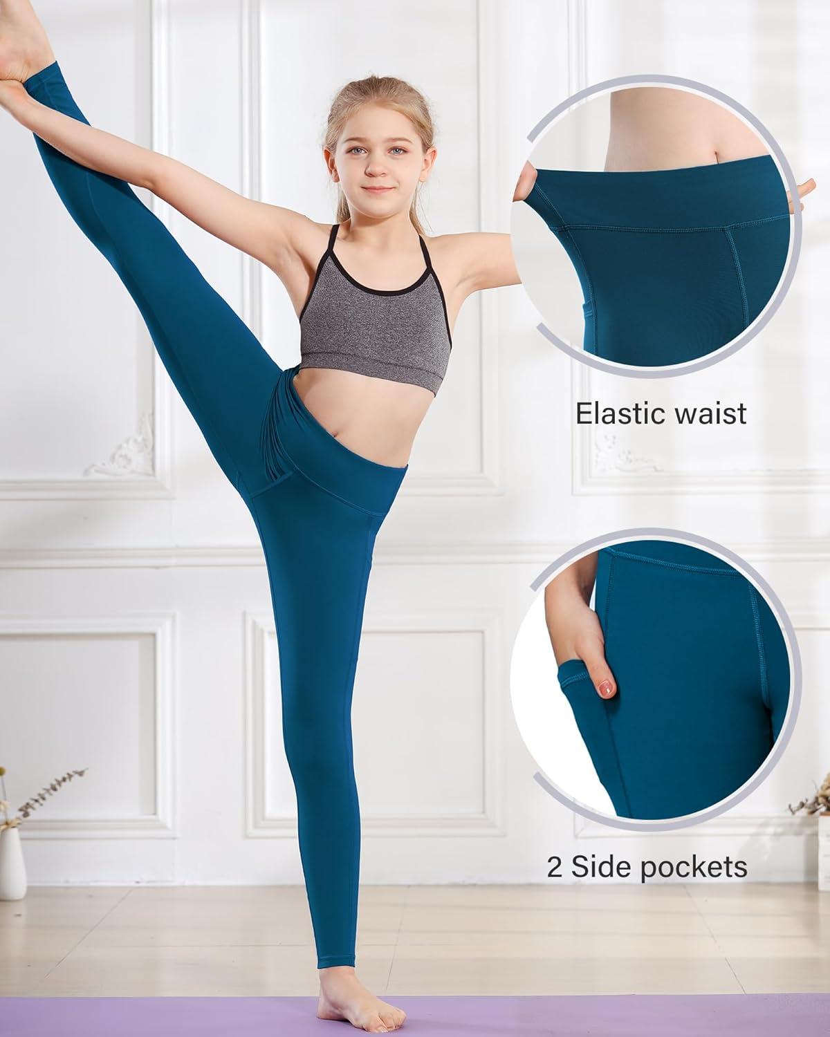 imageStelle Girls Athletic Leggings Kids Dance Running Yoga Pants Workout Active Dance Tights with PocketsOceanic 2 Side Pocket