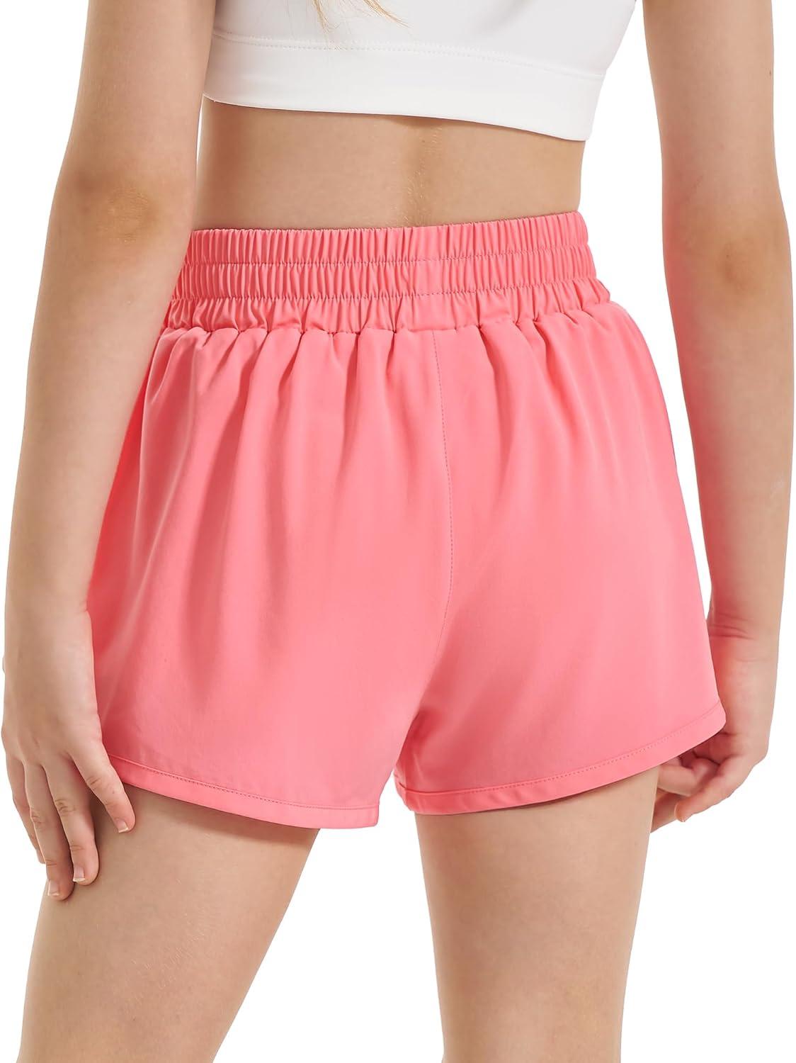 imageStelle Girls Athletic Shorts with Liner Zipper Pockets Elastic Waist Running Shorts Sports Active Shorts for Teen KidsAcoral