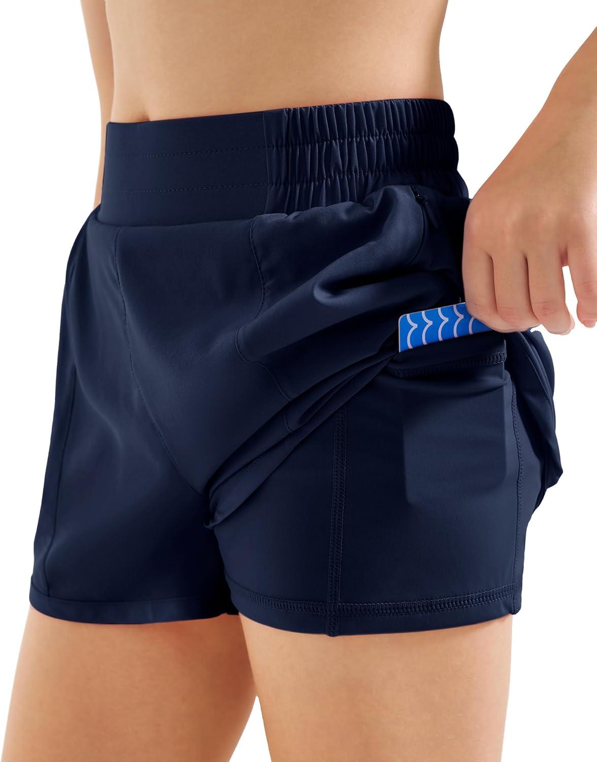 imageStelle Girls Athletic Shorts with Liner Zipper Pockets Elastic Waist Running Shorts Sports Active Shorts for Teen KidsNavy