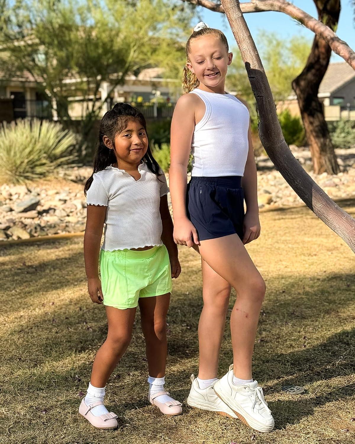 imageStelle Girls Athletic Shorts with Liner Zipper Pockets Elastic Waist Running Shorts Sports Active Shorts for Teen KidsNavy