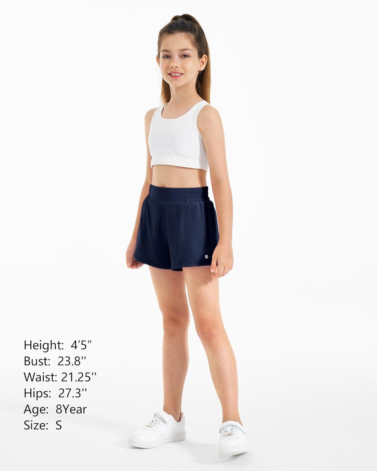 imageStelle Girls Athletic Shorts with Liner Zipper Pockets Elastic Waist Running Shorts Sports Active Shorts for Teen KidsNavy