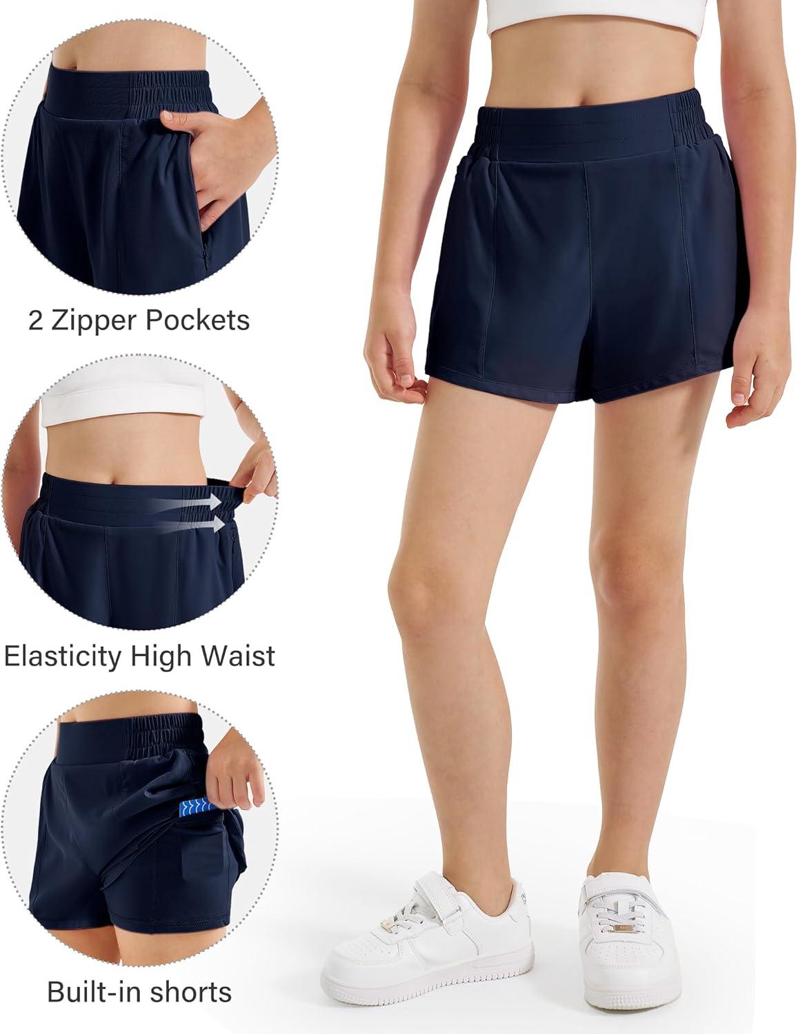 imageStelle Girls Athletic Shorts with Liner Zipper Pockets Elastic Waist Running Shorts Sports Active Shorts for Teen KidsNavy