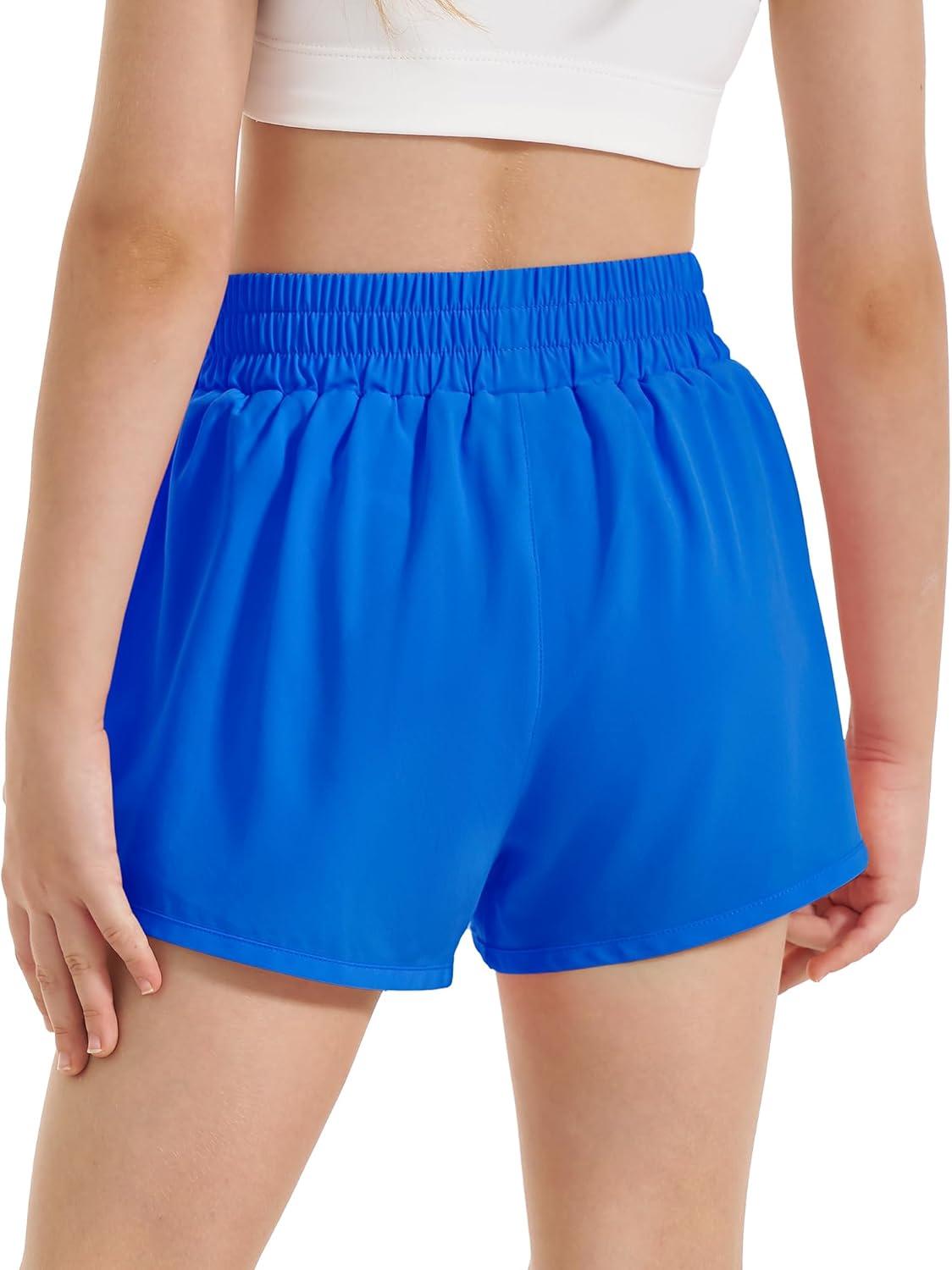 imageStelle Girls Athletic Shorts with Liner Zipper Pockets Elastic Waist Running Shorts Sports Active Shorts for Teen KidsSapphire