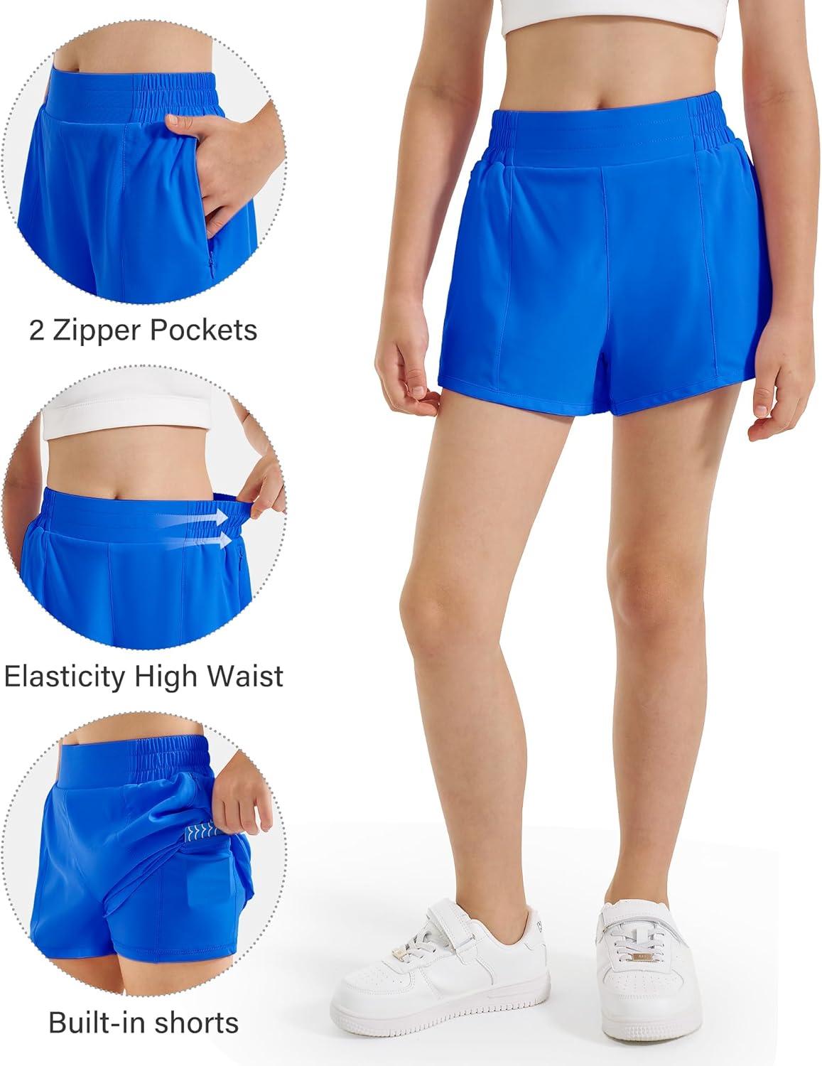 imageStelle Girls Athletic Shorts with Liner Zipper Pockets Elastic Waist Running Shorts Sports Active Shorts for Teen KidsSapphire