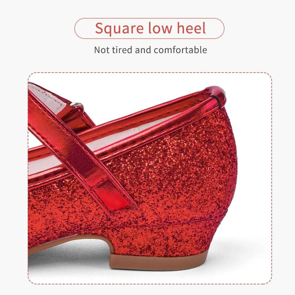 imageStelle Girls Dress Shoes Glitter Princess Shoe Flower Mary Jane Low Heels Party Wedding Prom Footwear for Toddler KidsT08ruby Red Glitter