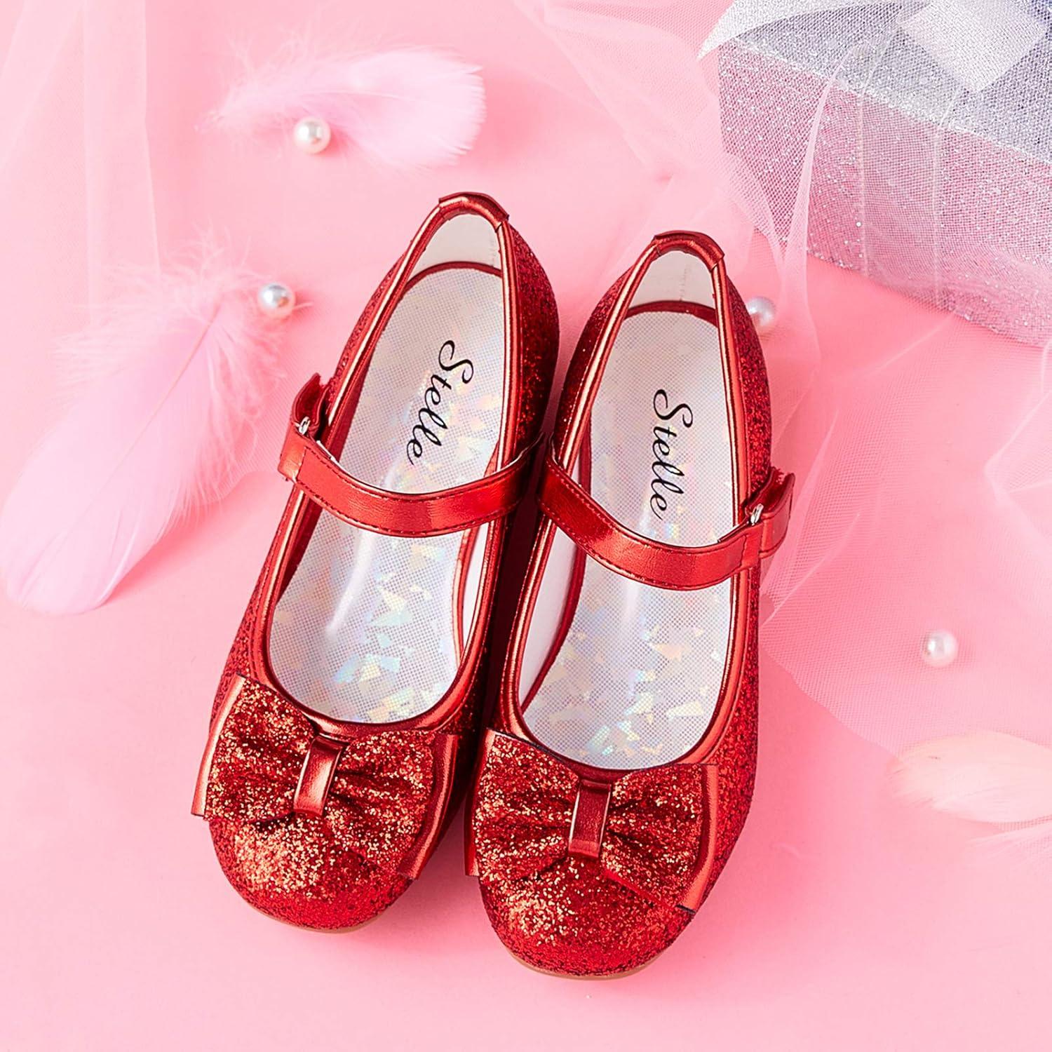 imageStelle Girls Dress Shoes Glitter Princess Shoe Flower Mary Jane Low Heels Party Wedding Prom Footwear for Toddler KidsT08ruby Red Glitter