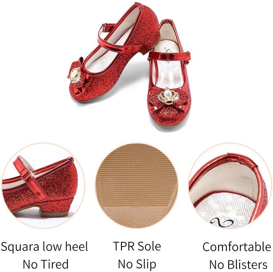 imageStelle Girls Dress Shoes Glitter Princess Shoe Flower Mary Jane Low Heels Party Wedding Prom Footwear for Toddler KidsT13ruby Red Glitter