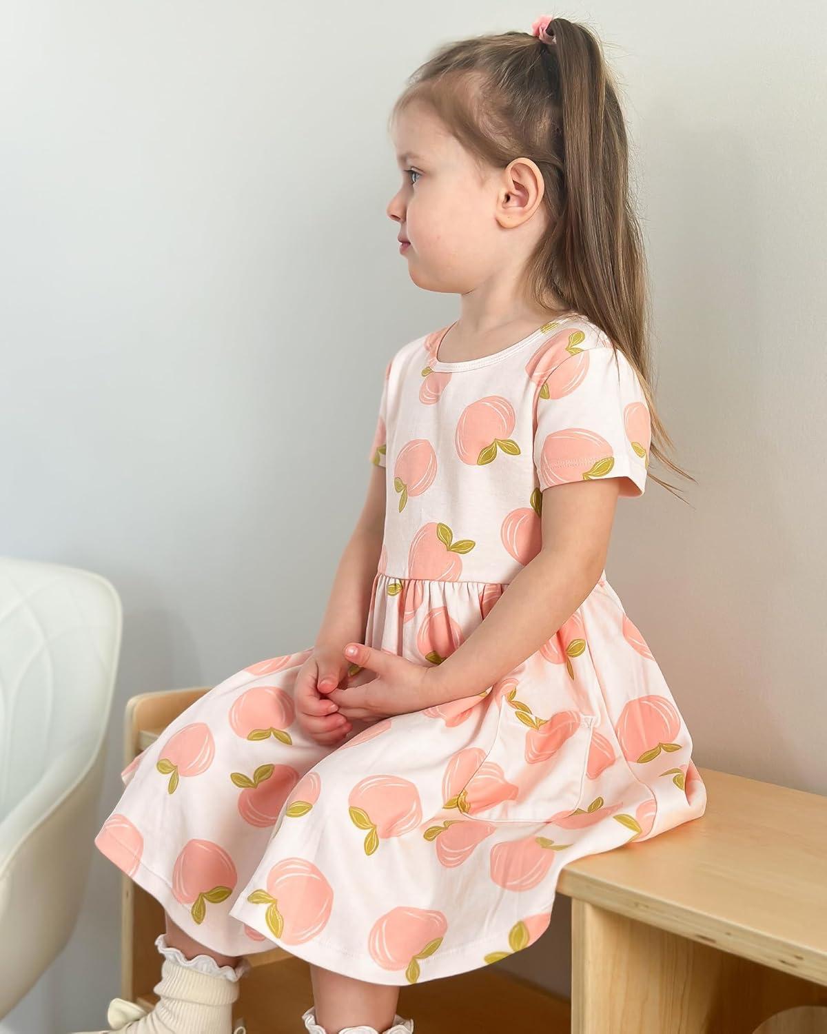 imageStelle Girls Dresses Cotton Short Sleeve Dress Cute Midi Casual Sundress with 2 PocketsGentle Peaches Print