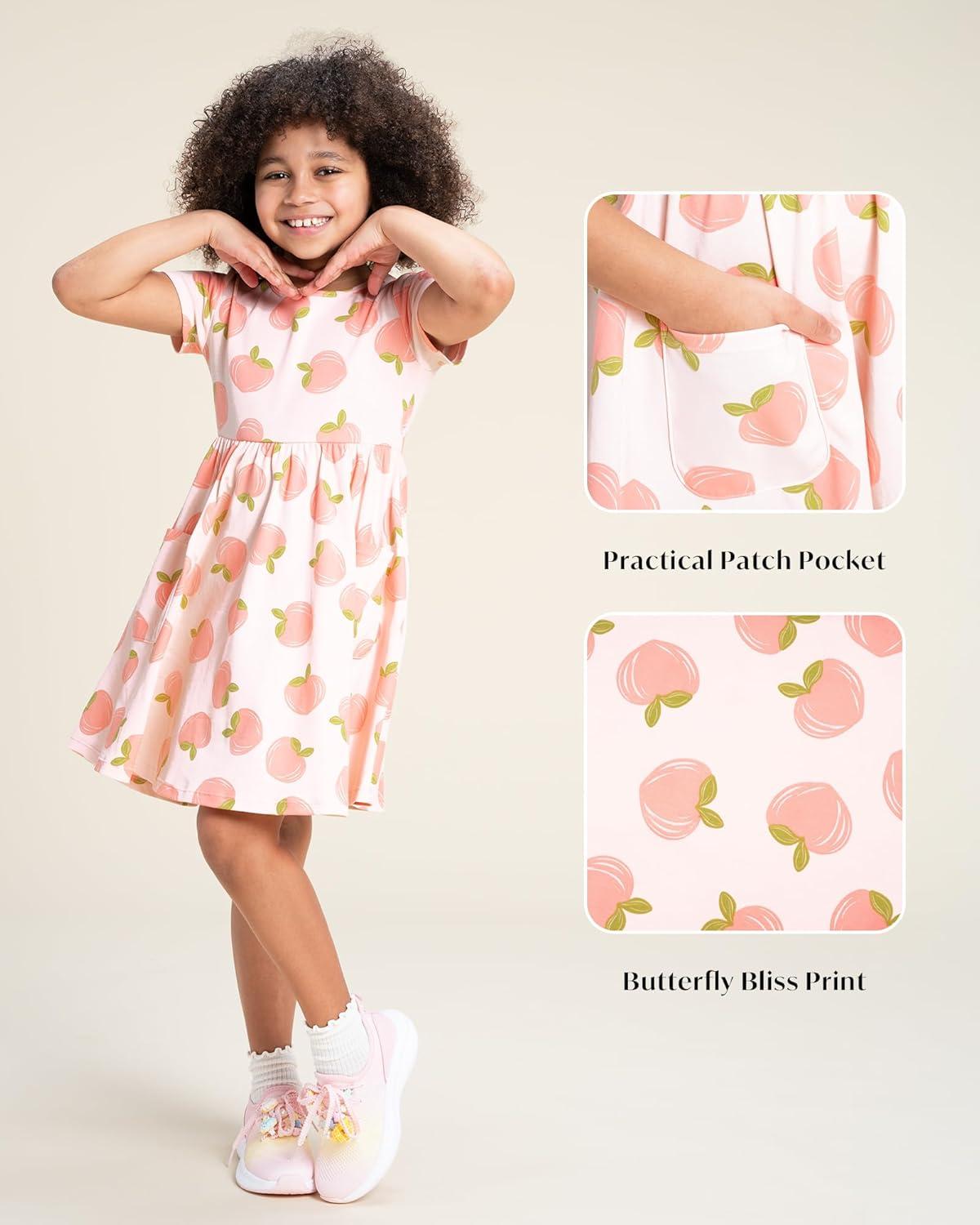 imageStelle Girls Dresses Cotton Short Sleeve Dress Cute Midi Casual Sundress with 2 PocketsGentle Peaches Print