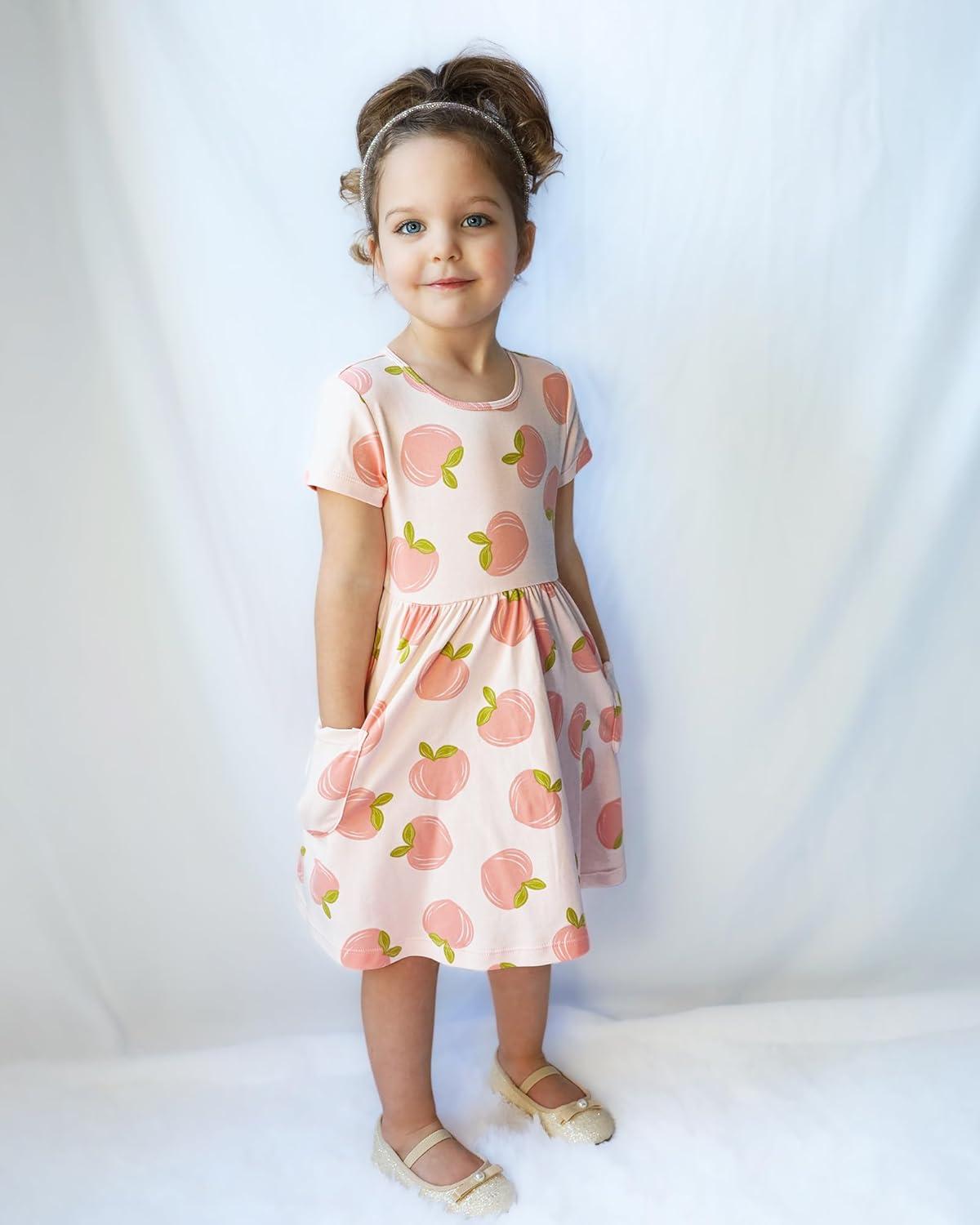 imageStelle Girls Dresses Cotton Short Sleeve Dress Cute Midi Casual Sundress with 2 PocketsGentle Peaches Print