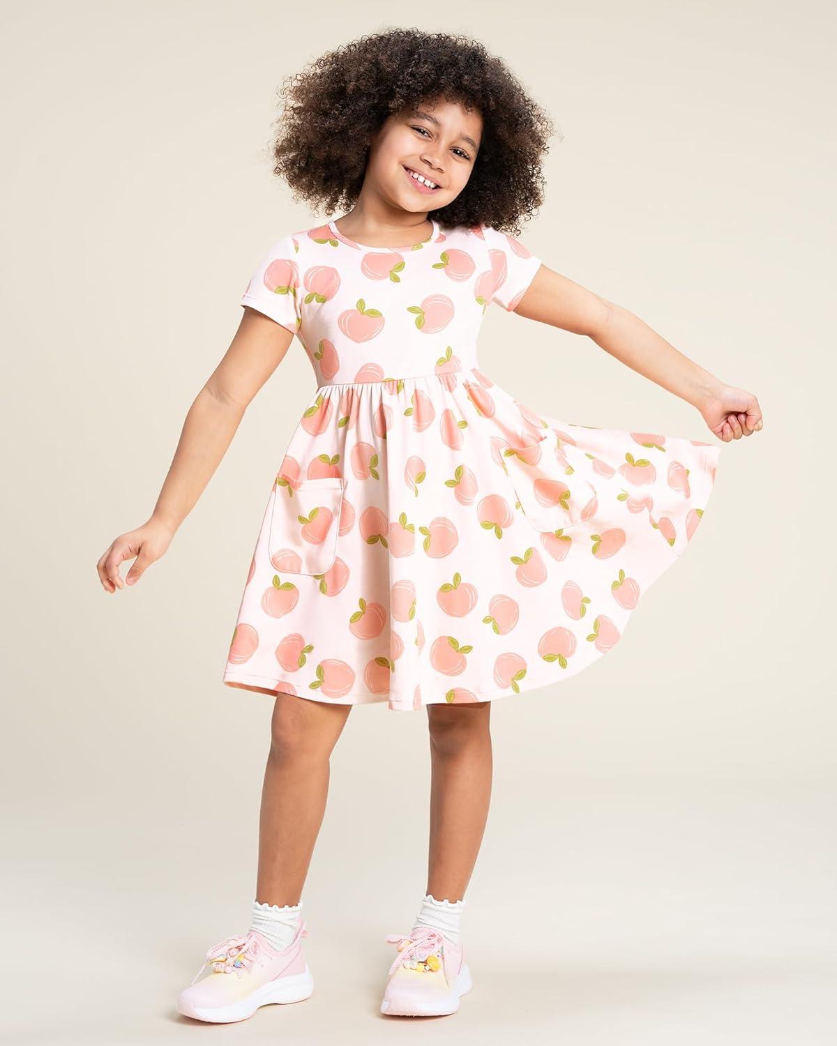 imageStelle Girls Dresses Cotton Short Sleeve Dress Cute Midi Casual Sundress with 2 PocketsGentle Peaches Print