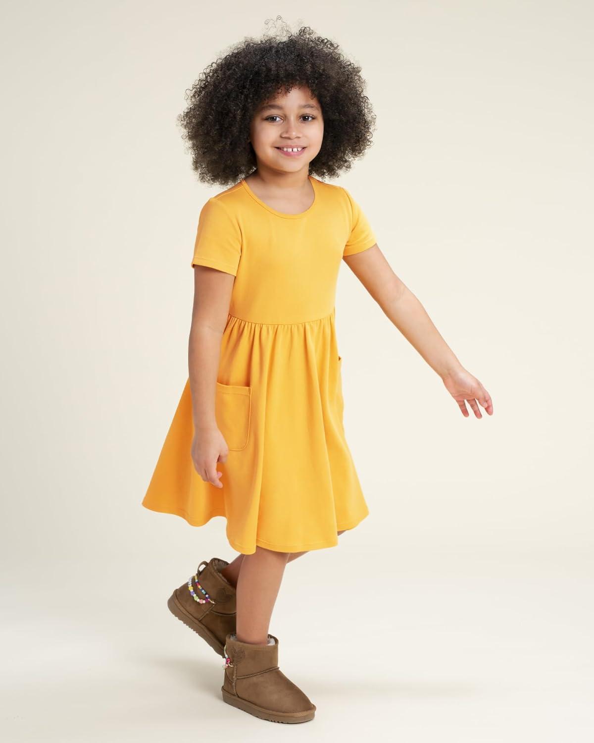 imageStelle Girls Dresses Cotton Short Sleeve Dress Cute Midi Casual Sundress with 2 PocketsSun Ray