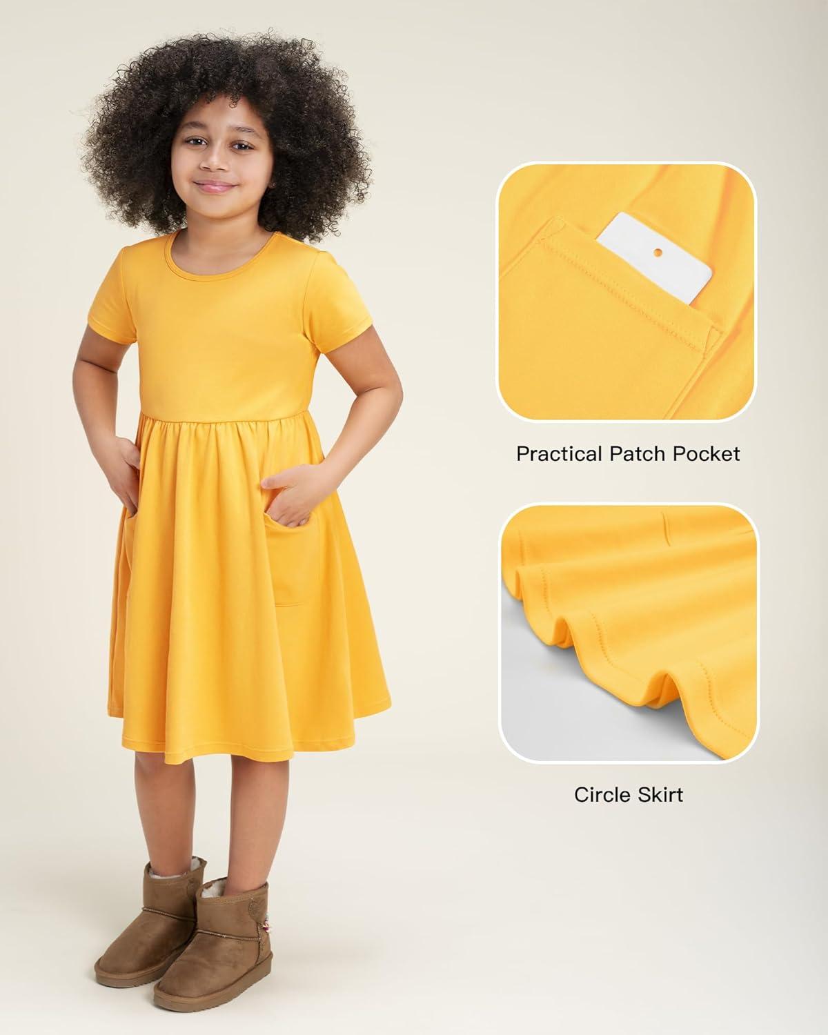 imageStelle Girls Dresses Cotton Short Sleeve Dress Cute Midi Casual Sundress with 2 PocketsSun Ray