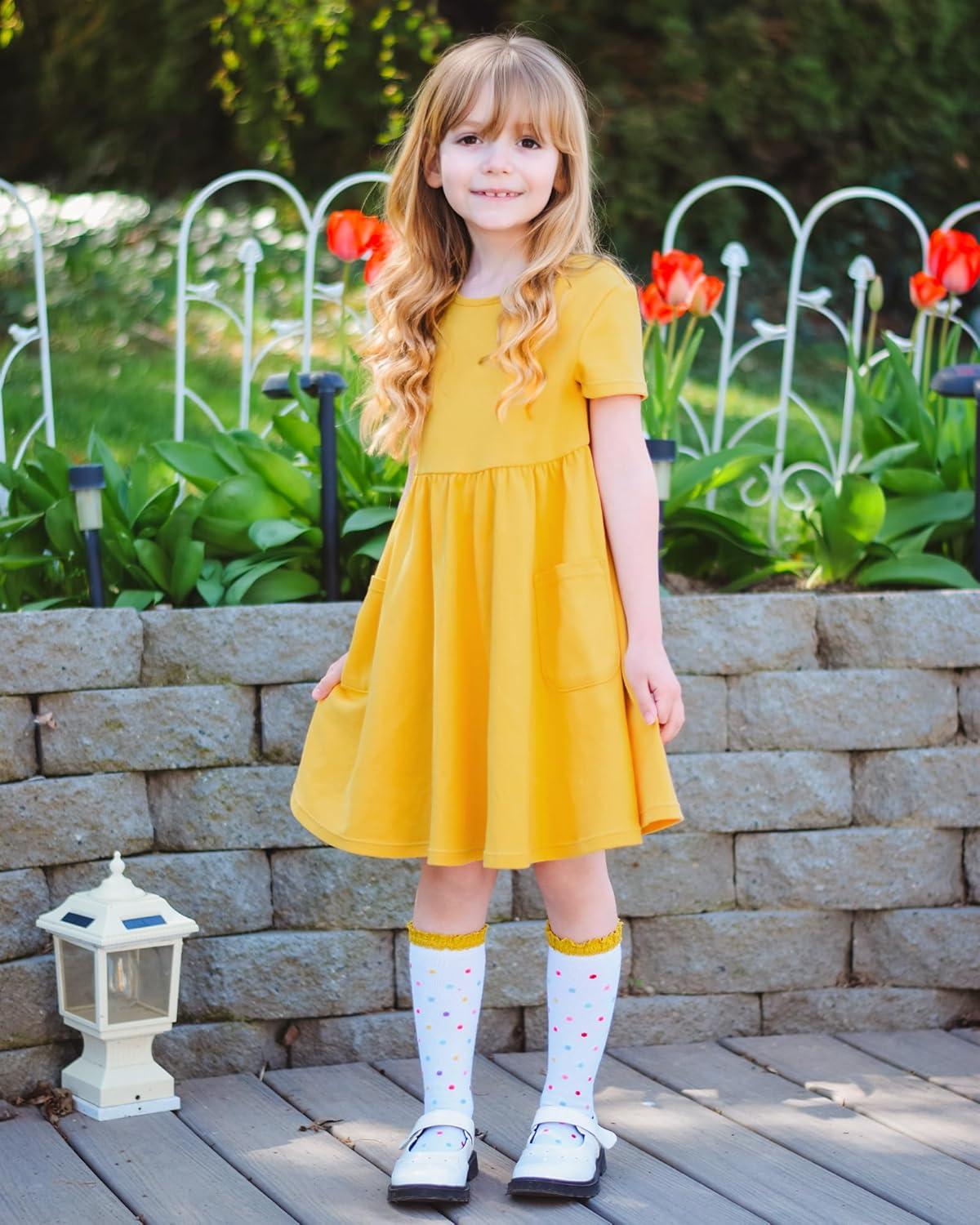 imageStelle Girls Dresses Cotton Short Sleeve Dress Cute Midi Casual Sundress with 2 PocketsSun Ray