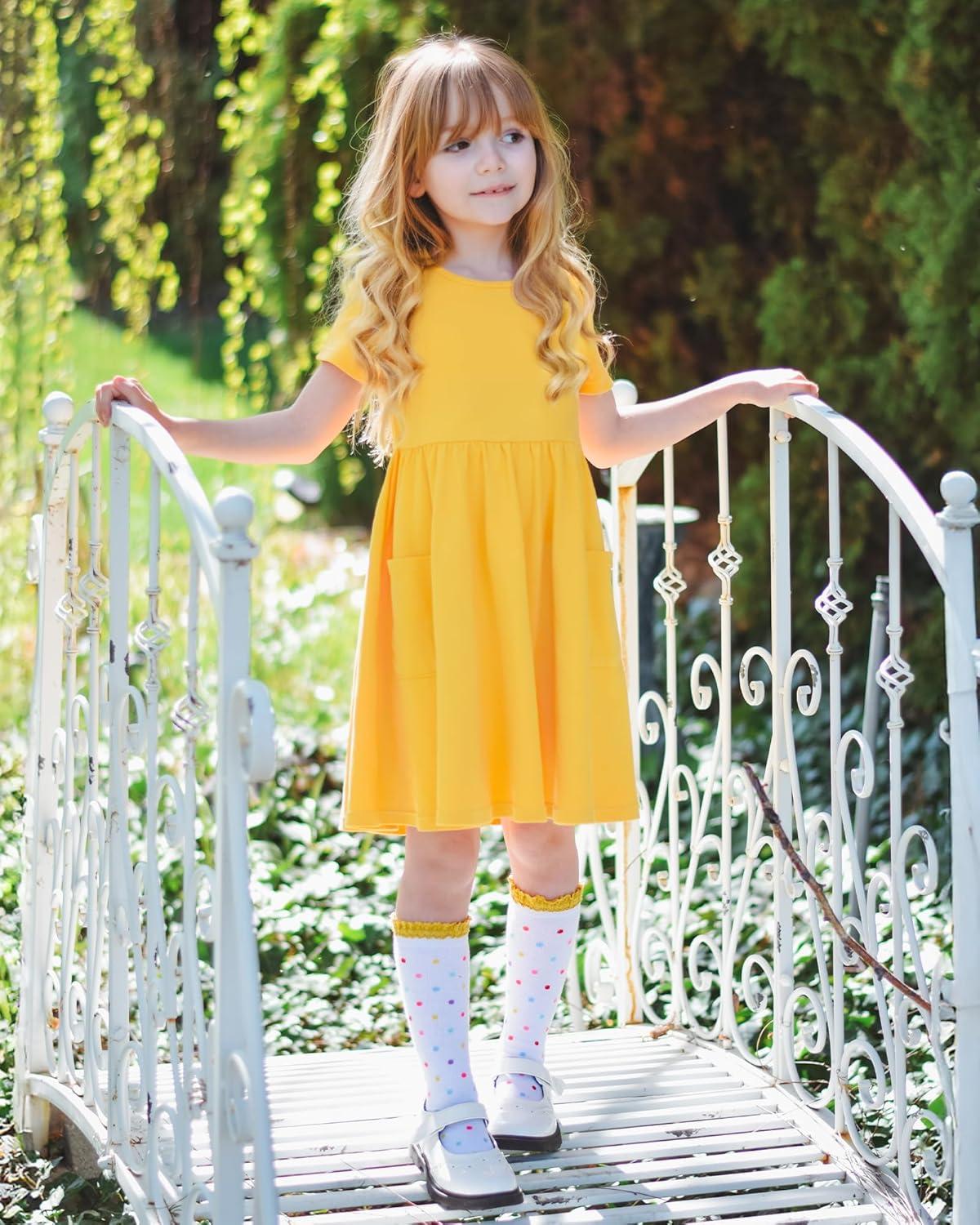 imageStelle Girls Dresses Cotton Short Sleeve Dress Cute Midi Casual Sundress with 2 PocketsSun Ray