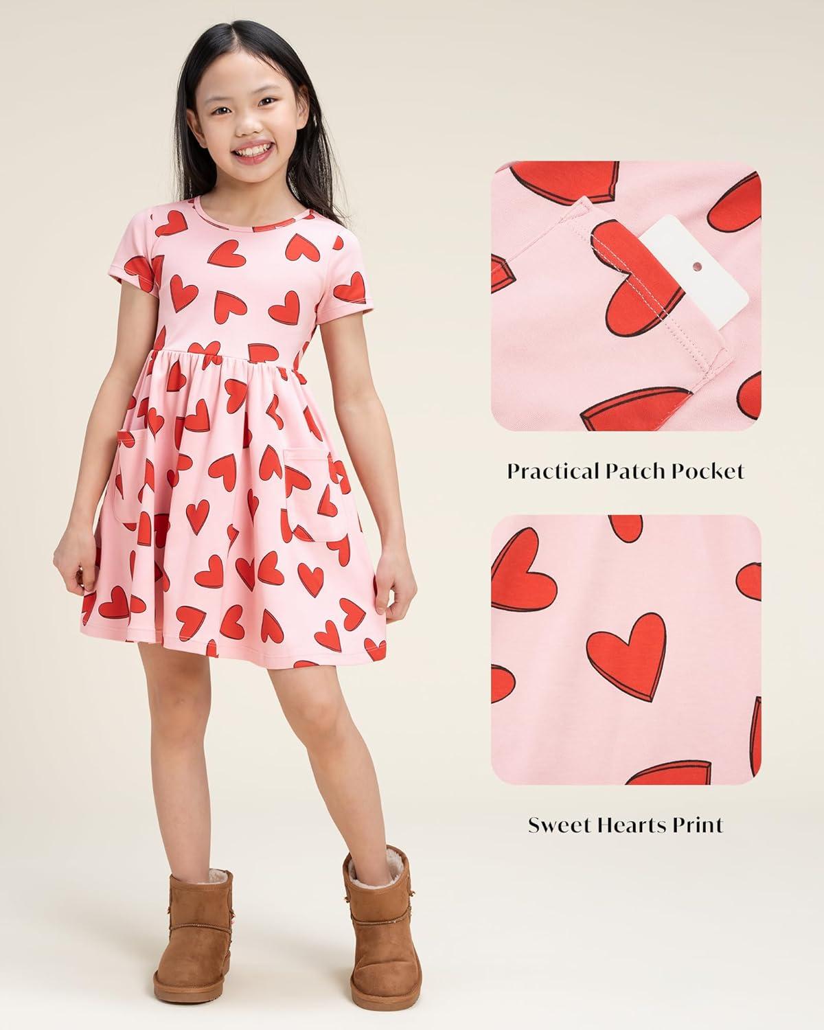 imageStelle Girls Dresses Cotton Short Sleeve Dress Cute Midi Casual Sundress with 2 PocketsSweet Hearts