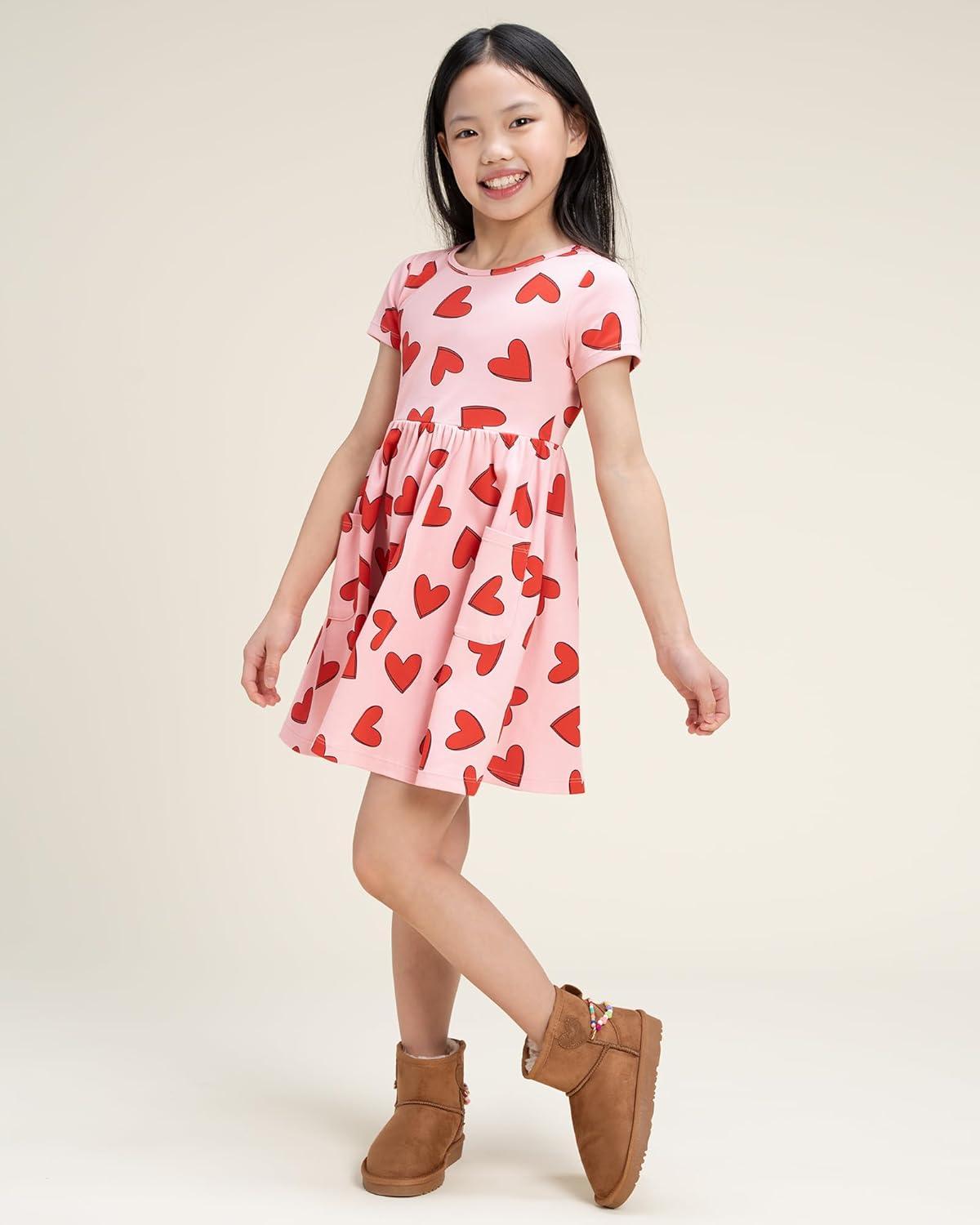 imageStelle Girls Dresses Cotton Short Sleeve Dress Cute Midi Casual Sundress with 2 PocketsSweet Hearts