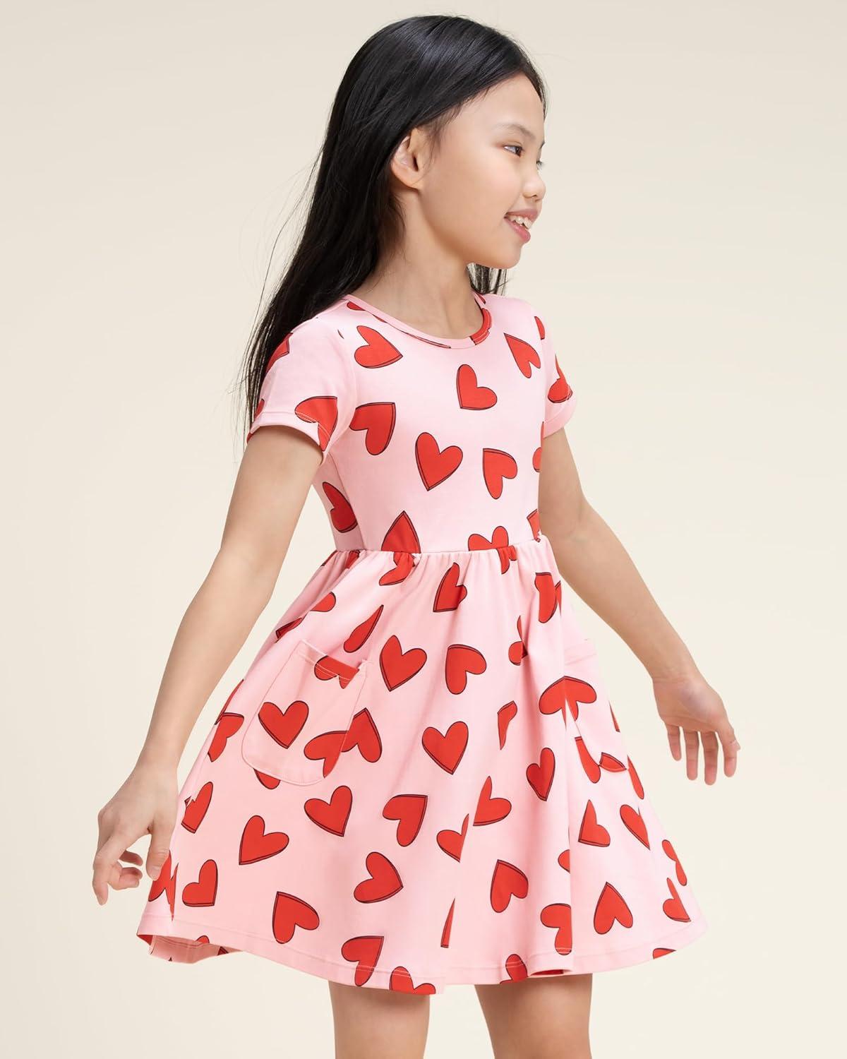 imageStelle Girls Dresses Cotton Short Sleeve Dress Cute Midi Casual Sundress with 2 PocketsSweet Hearts