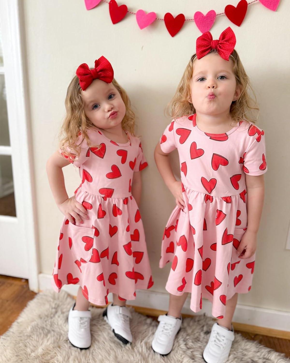 imageStelle Girls Dresses Cotton Short Sleeve Dress Cute Midi Casual Sundress with 2 PocketsSweet Hearts