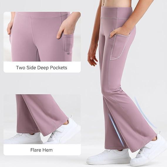 imageStelle Girls Flare Leggings with Pockets High Waisted Bootcut Yoga Pants Kids Dance Bell Bottoms LeggingsBlackDusty Lavender