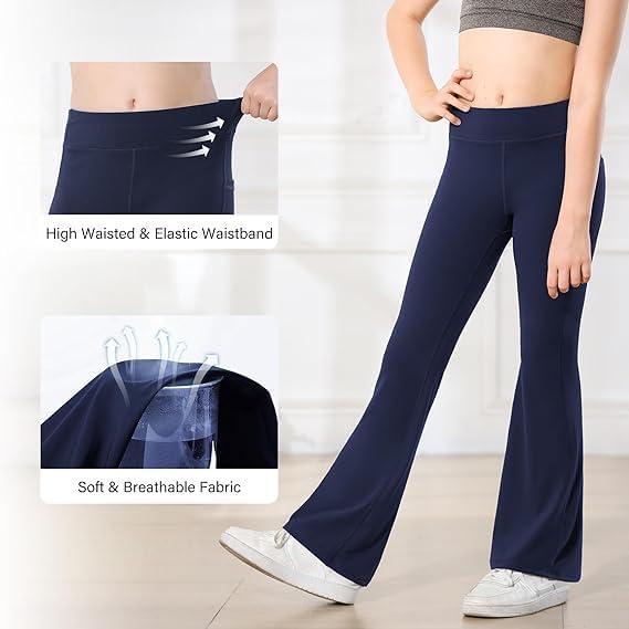 imageStelle Girls Flare Leggings with Pockets High Waisted Bootcut Yoga Pants Kids Dance Bell Bottoms LeggingsBlackGreyNavy