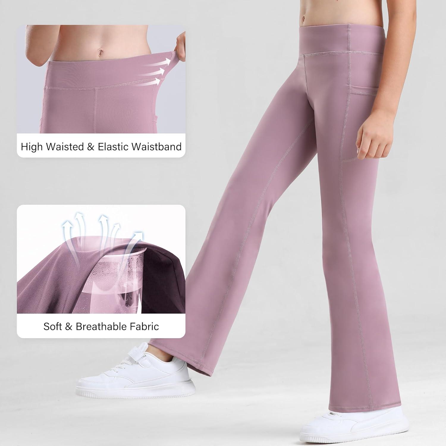 imageStelle Girls Flare Leggings with Pockets High Waisted Bootcut Yoga Pants Kids Dance Bell Bottoms LeggingsDusty Lavender
