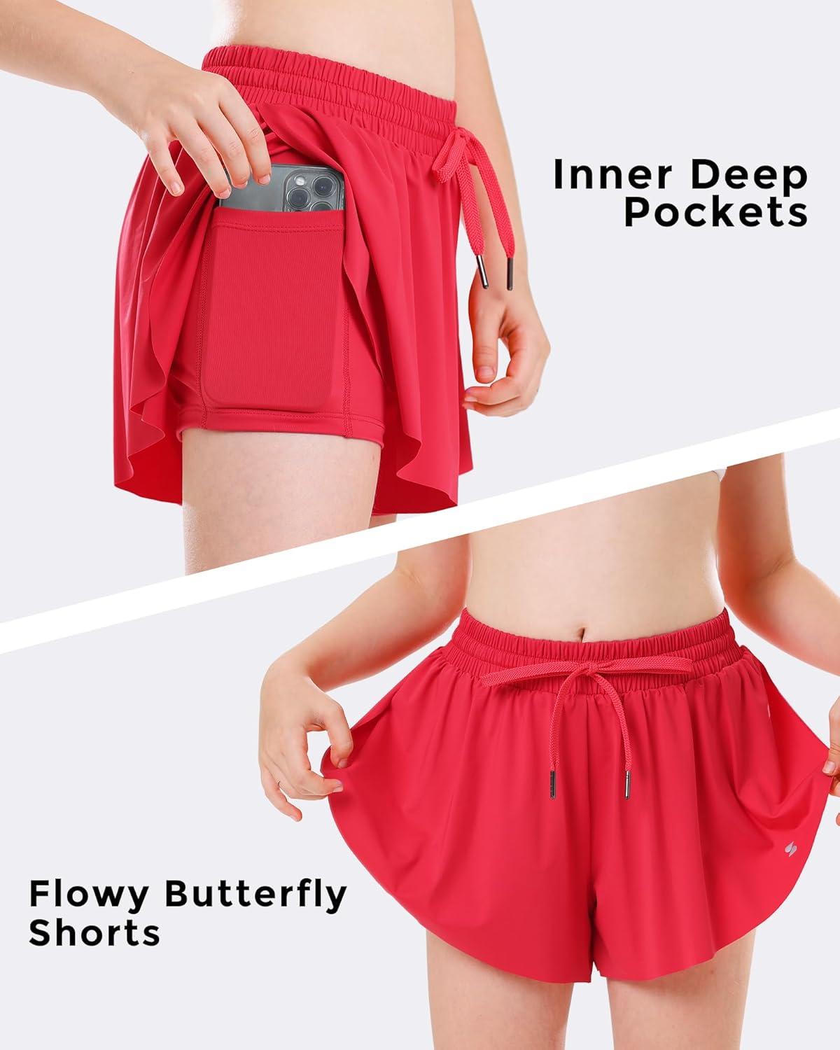 imageStelle Girls Flowy Shorts with Pockets Athletic Running Skirt High Waist Butterfly 2 in 1 Sports Short 516 YearsRaspberry
