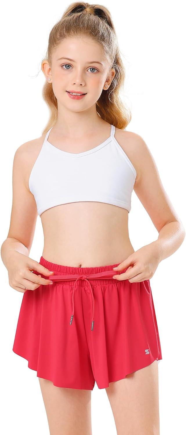 imageStelle Girls Flowy Shorts with Pockets Athletic Running Skirt High Waist Butterfly 2 in 1 Sports Short 516 YearsRaspberry
