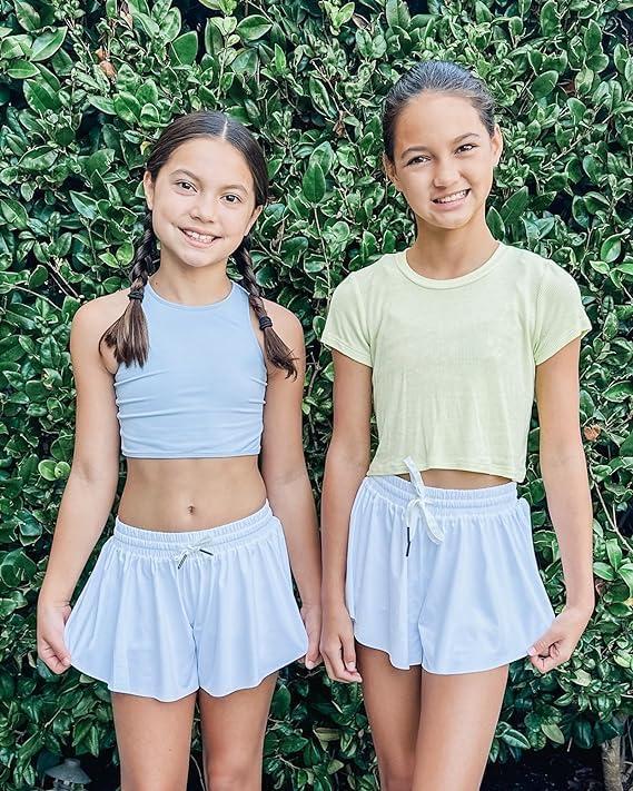 imageStelle Girls Flowy Shorts with Pockets Athletic Running Skirt High Waist Butterfly 2 in 1 Sports Short 516 YearsWhitepinkblack