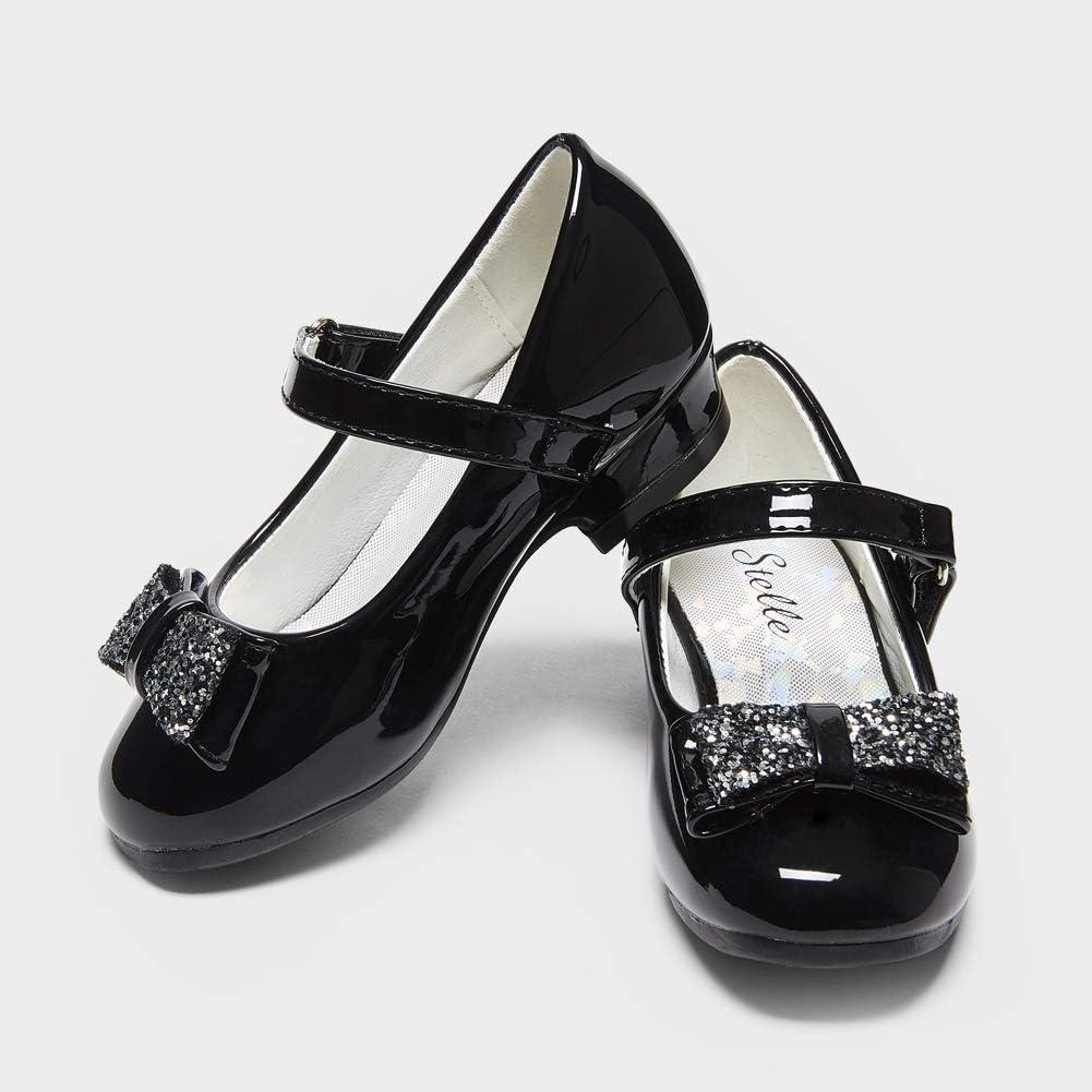imageStelle Girls Mary Jane Dress Shoes Low Heel Glitter Patent Bow Kids Party Wedding Flower Girl School ShoesToddlerLittleBig KidElegant Square Buckleblack