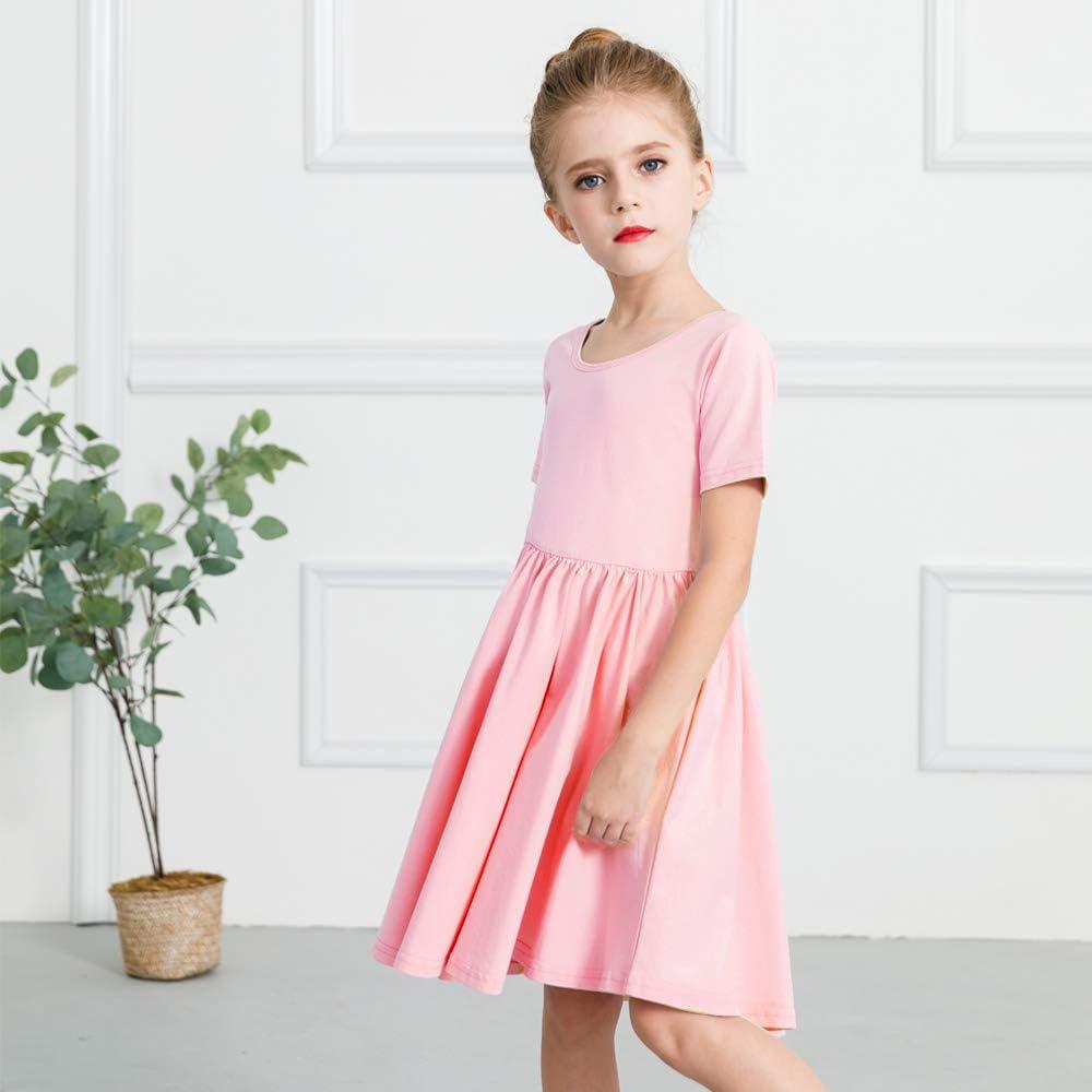 imageStelle Girls Short Sleeve Dress Summer Kids Toddler Skater Twirl A Line Solid Color TShirt Dress for School Casual 312 YA02pink Without Pocket