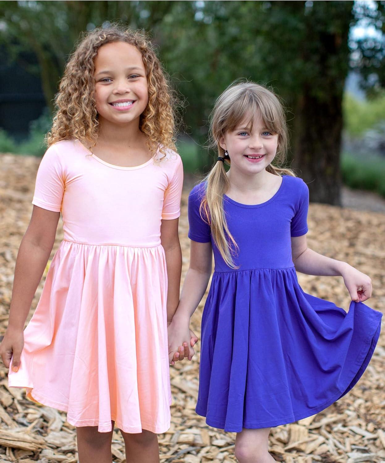 imageStelle Girls Short Sleeve Dress Summer Kids Toddler Skater Twirl A Line Solid Color TShirt Dress for School Casual 312 YA02pink Without Pocket